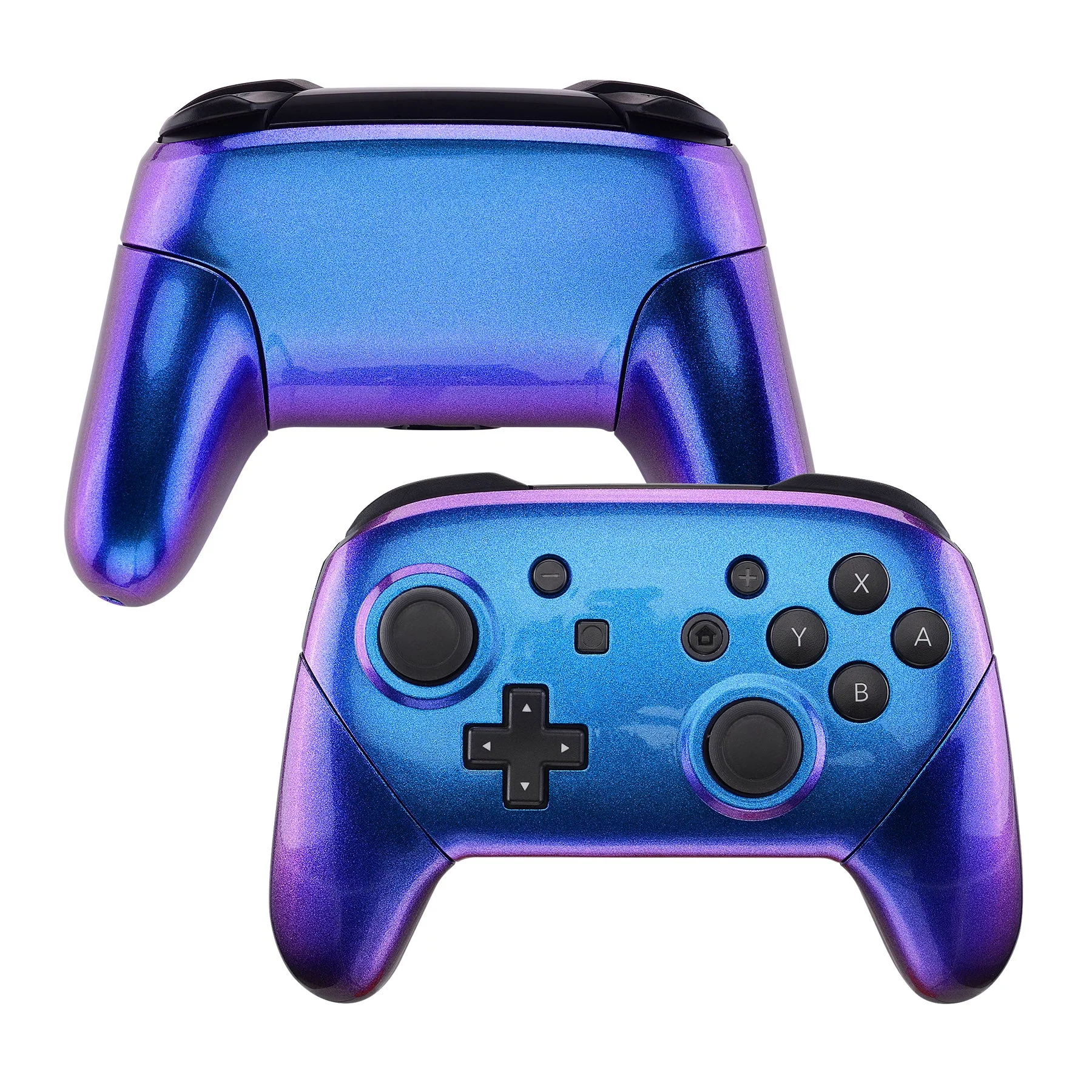 eXtremeRate Replacement Full Set Shell Faceplate Backplate Handles for Nintendo Switch Pro - Chameleon Purple Blue
