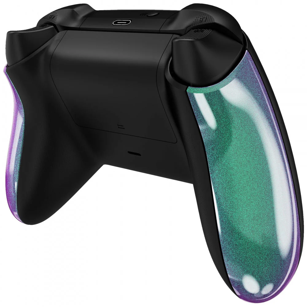 eXtremeRate Replacement Non-Slip Side Rails Grip Back Panels for Xbox Series X & S Controller - Chameleon Green Purple