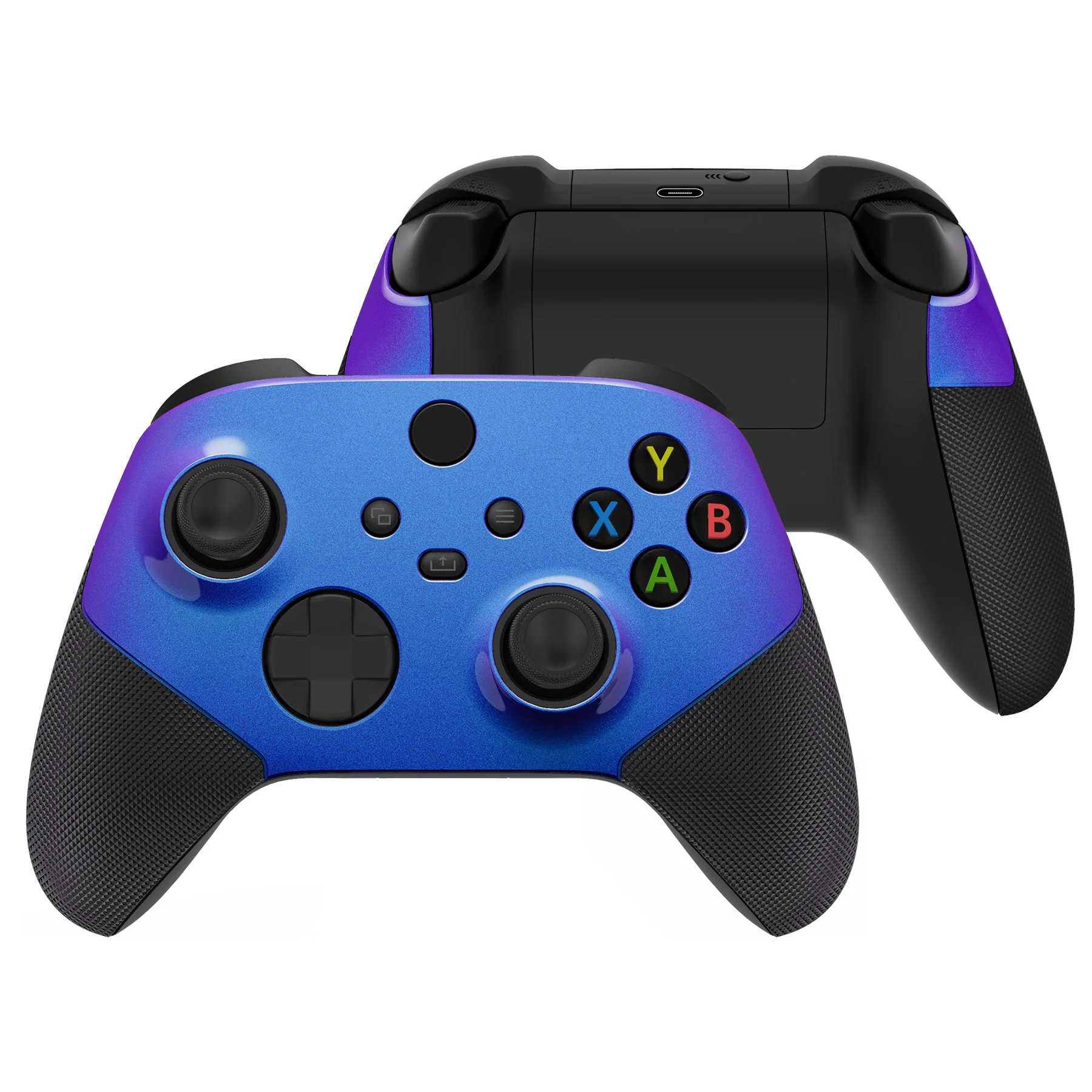 eXtremeRate ASR Version Performance Rubberized Side Rails Front Housing Shells with Accent Rings for Xbox Series X & S Controller - Chameleon Purple Blue