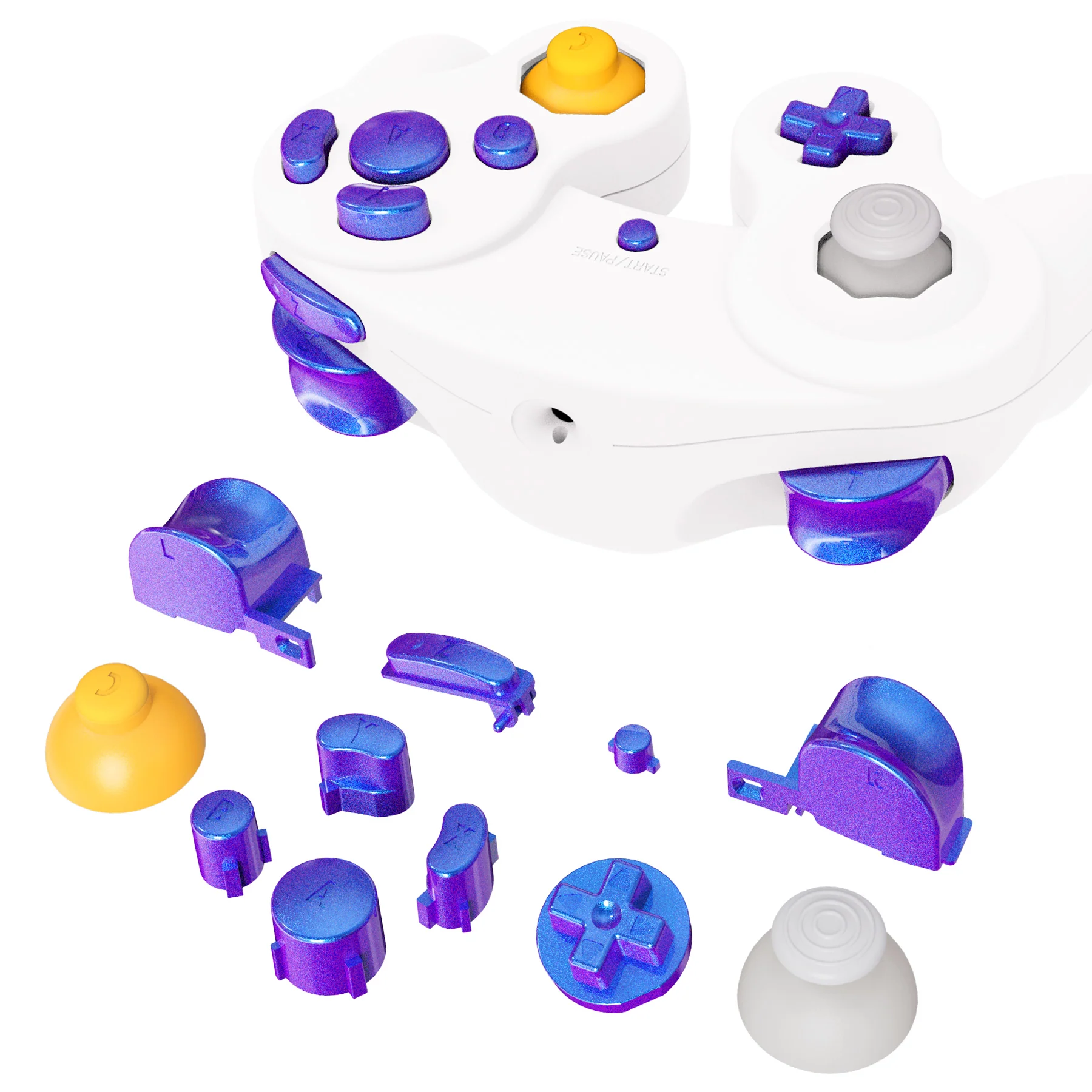 eXtremeRate DIY Replacement Full Set Buttons & Thumbsticks for Nintendo GameCube Controller NGC - Chameleon Purple Blue