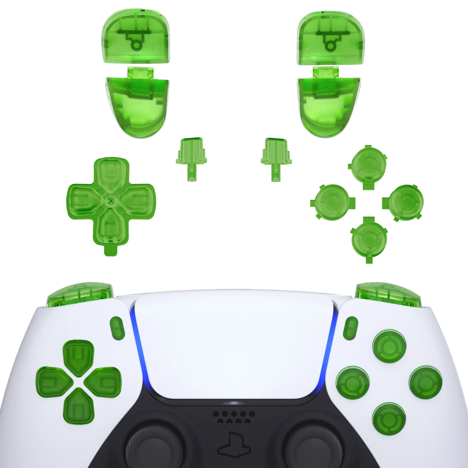 eXtremeRate Replacement Full Set Buttons Compatible with PS5 Controller BDM-030/040/050/060 - Clear Green
