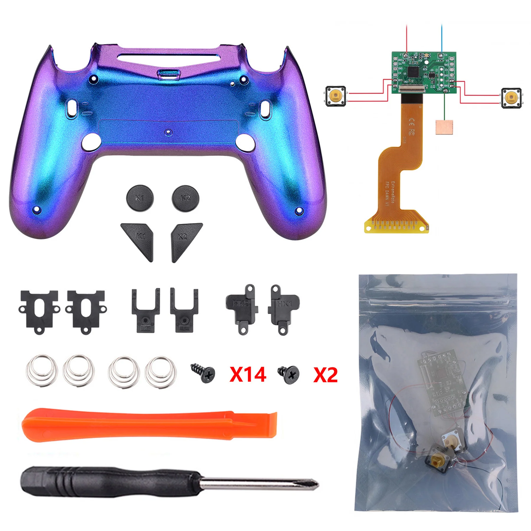 eXtremeRate Dawn 2.0 FlashShot Trigger Stop Remap Kit for PS4 Controller JDM 040/050/055 - Chameleon Purple Blue - Image 5