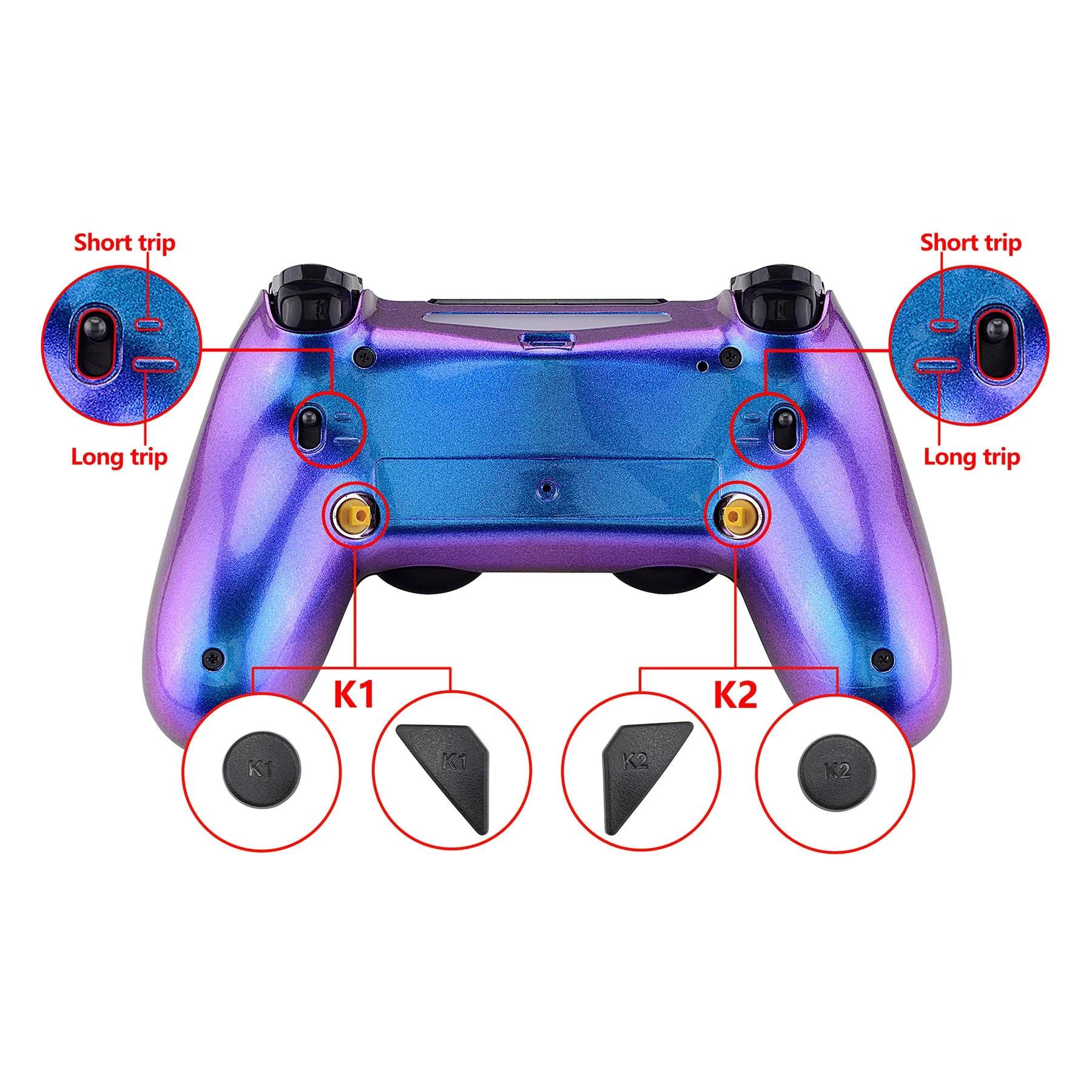 eXtremeRate Dawn 2.0 FlashShot Trigger Stop Remap Kit for PS4 Controller JDM 040/050/055 - Chameleon Purple Blue - Image 7