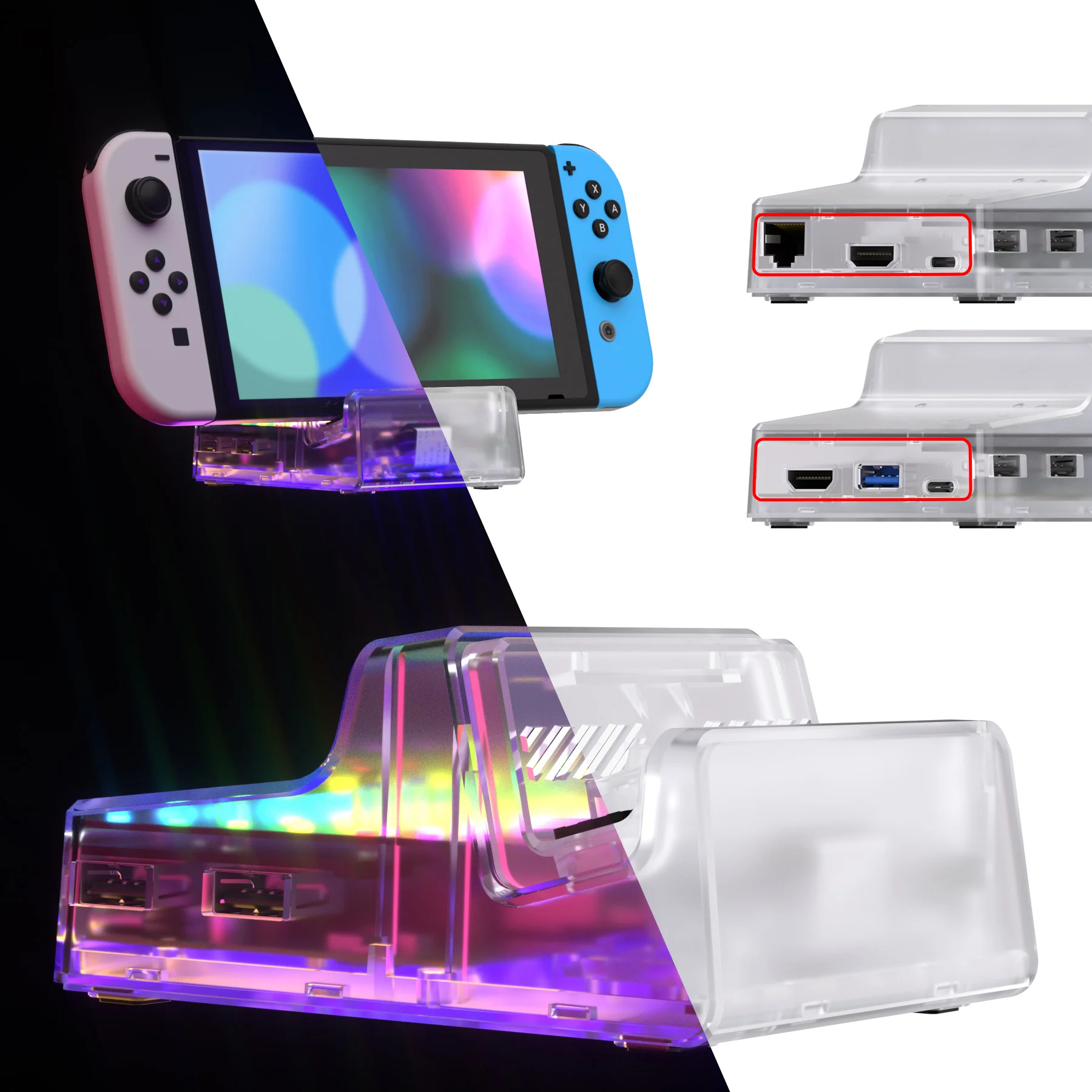 eXtremeRate LED Version AiryDocky DIY Kit Replacement Shell Case with IR Remote Control for Nintendo Switch & Switch OLED Dock - Clear