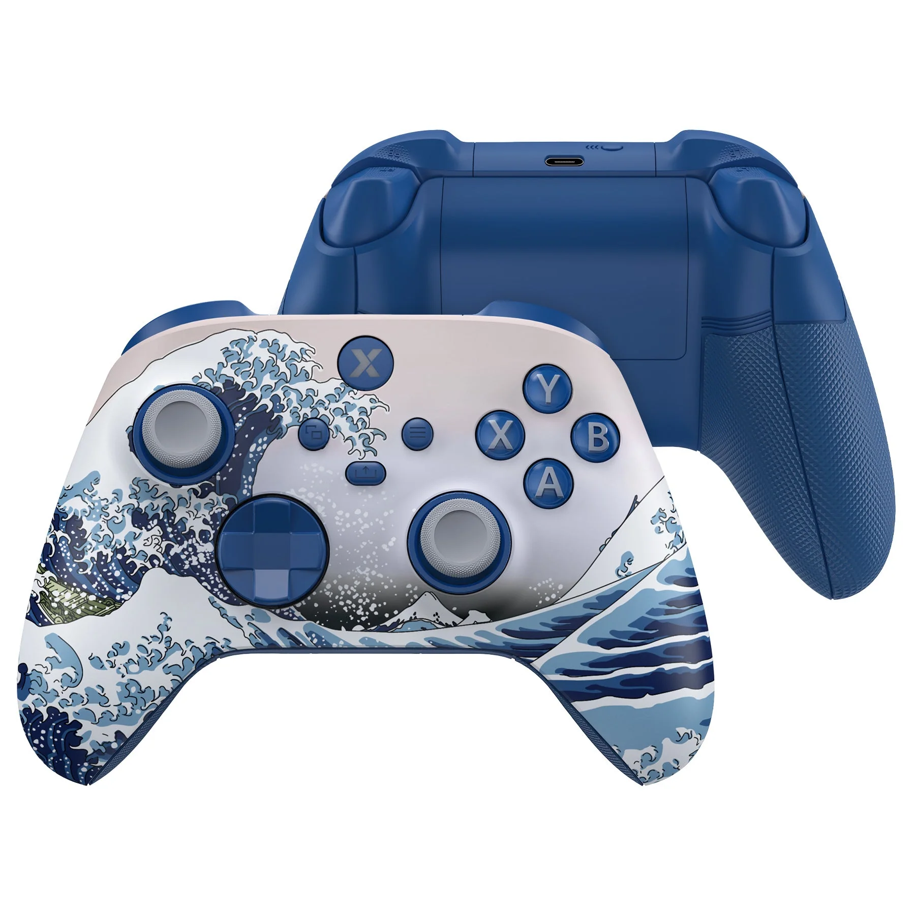eXtremeRate ASR Version Performance Rubberized Full Set Shell Buttons with Redesigned Grip Diamond Texture Handles Backplate Case for Xbox Series X/S Controller & Xbox Core Controller - The Great Wave