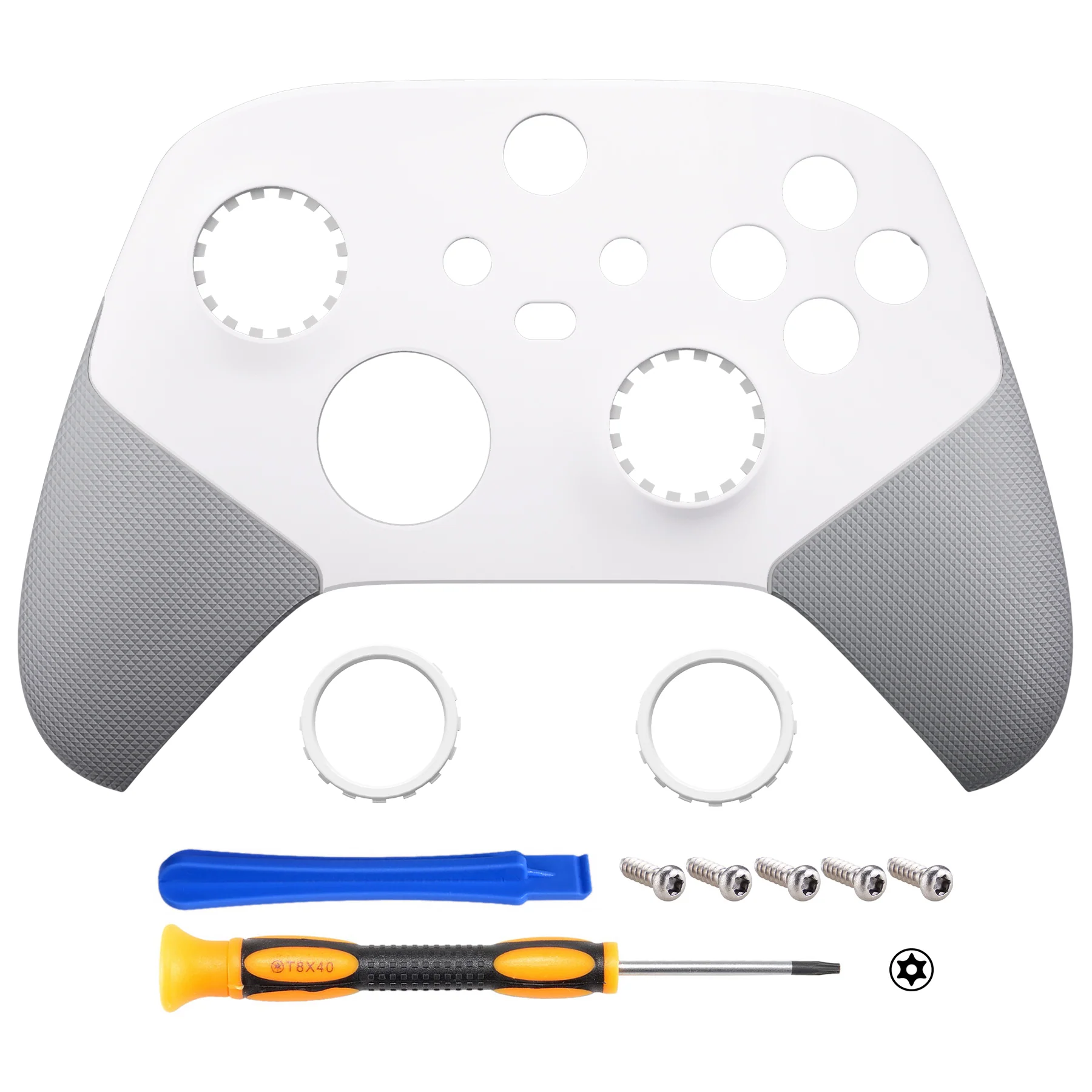 eXtremeRate ASR Version Performance Rubberized Grip Front Housing Shell with Accent Rings for Xbox Series X & S Controller - White & Gray