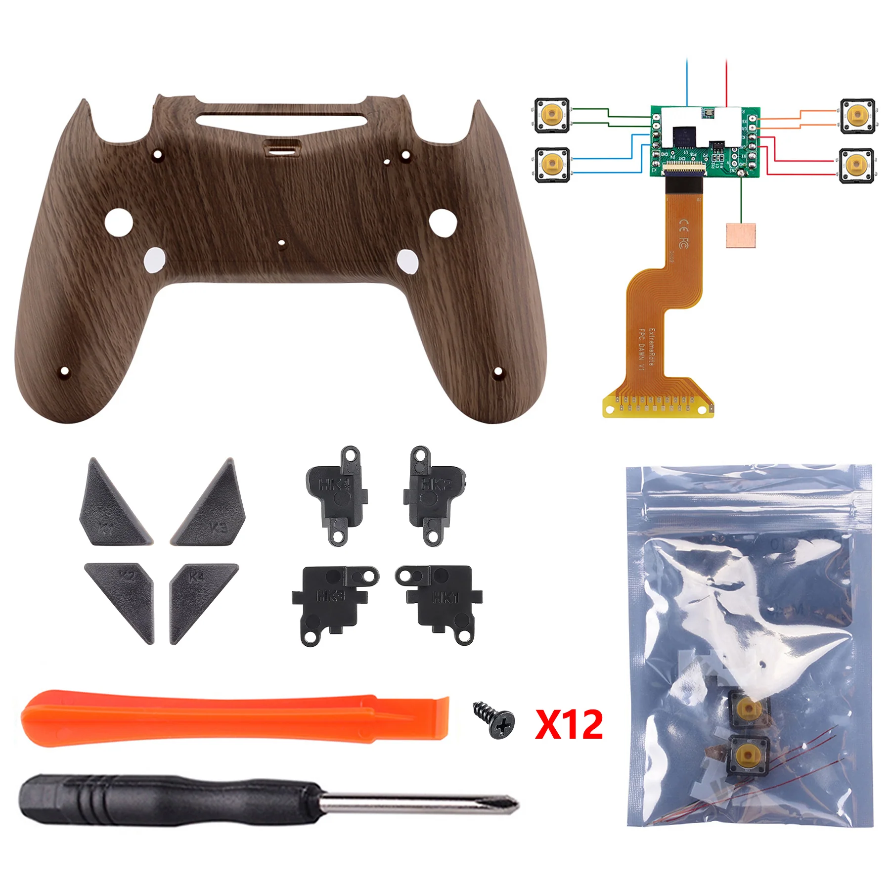 eXtremeRate Dawn Remappable Remap Kit with Redesigned Back Shell & 4 Back Buttons for PS4 Controller JDM 040/050/055 - Wood Grain Patterned - Image 3