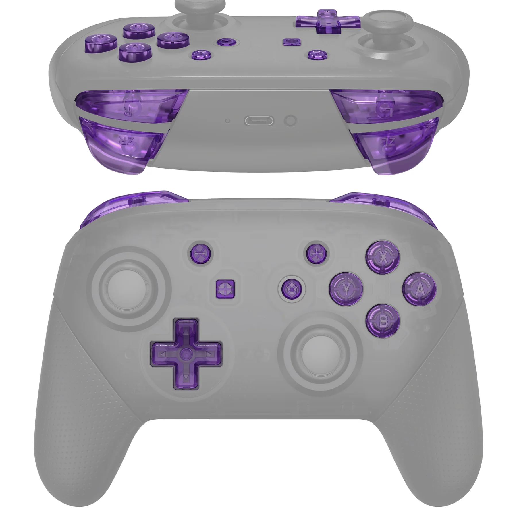 eXtremeRate DIY Replacement Full Set Buttons for Nintendo Switch Pro Controller - Crystal Clear Atomic Purple