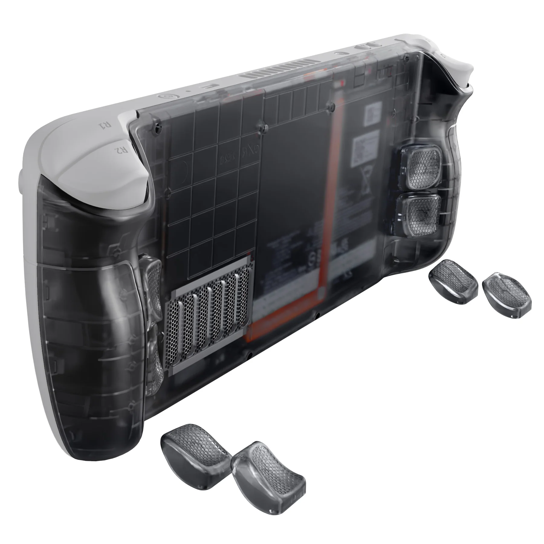 eXtremeRate Interchangeable Back Buttons Bottom Shell for Steam Deck LCD & OLED - with 2 Height Adjustable Buttons - Clear Slate Black