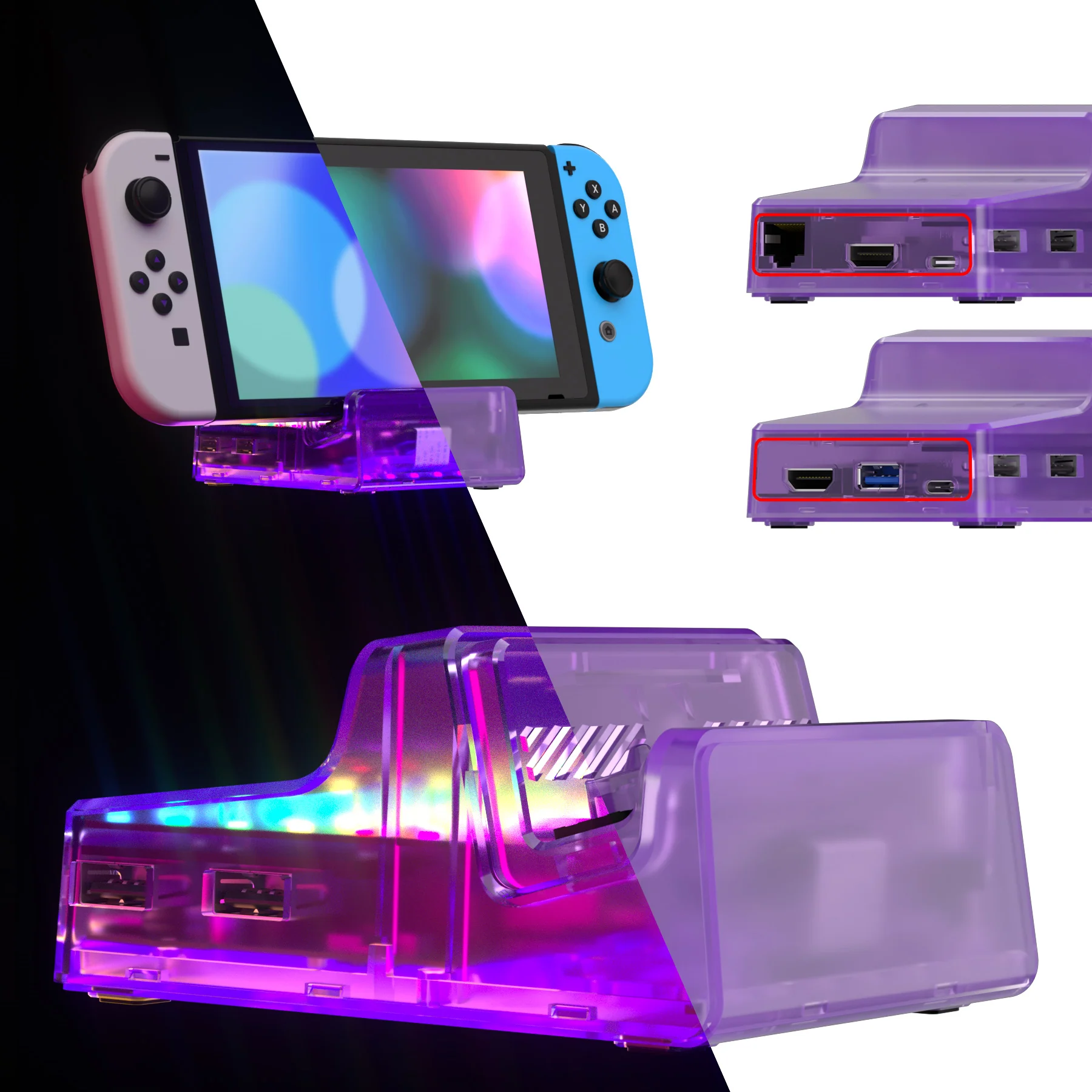 eXtremeRate LED Version AiryDocky DIY Kit Replacement Shell Case with IR Remote Control for Nintendo Switch & Switch OLED Dock - Clear Atomic Purple
