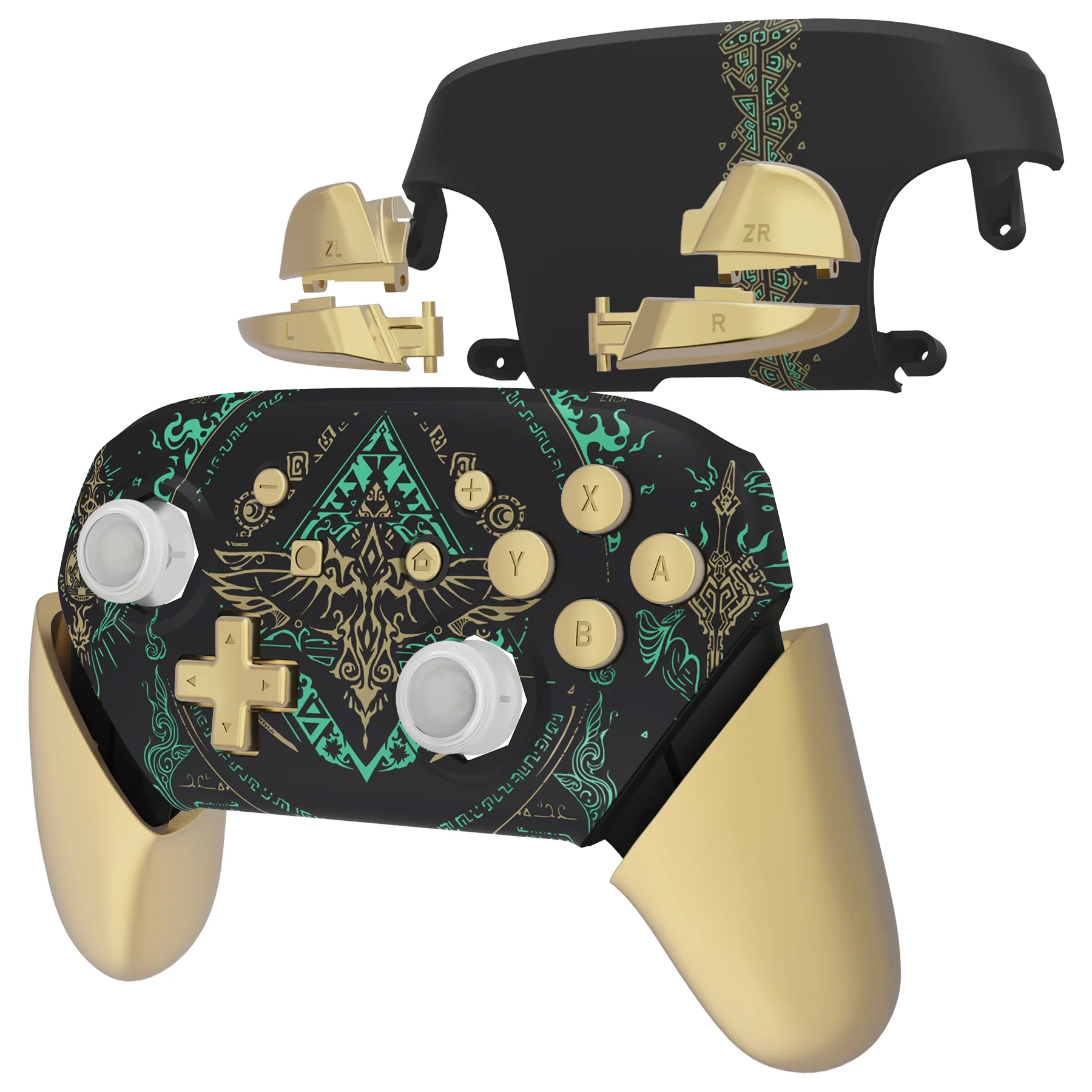 eXtremeRate Octagonal Gated Sticks Design Replacement Full Set Shell Faceplate Backplate Handles for Nintendo Switch Pro - Glow in Dark - Totem of Kingdom Black - Image 9