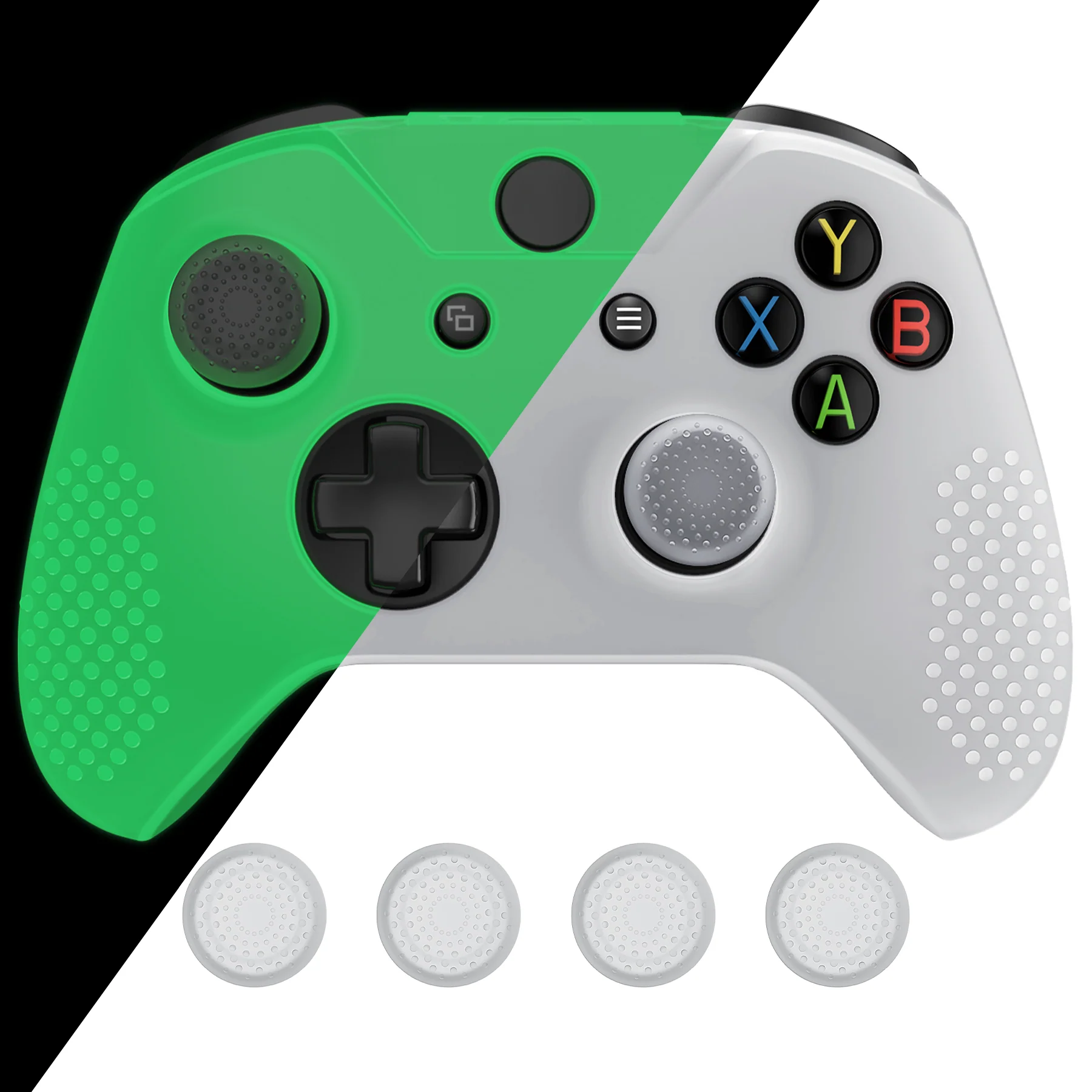eXtremeRate PlayVital Protective Anti-Slip Silicone Case with Thumb Grips Caps for Xbox One X & S Controller - Glow in Dark - Green