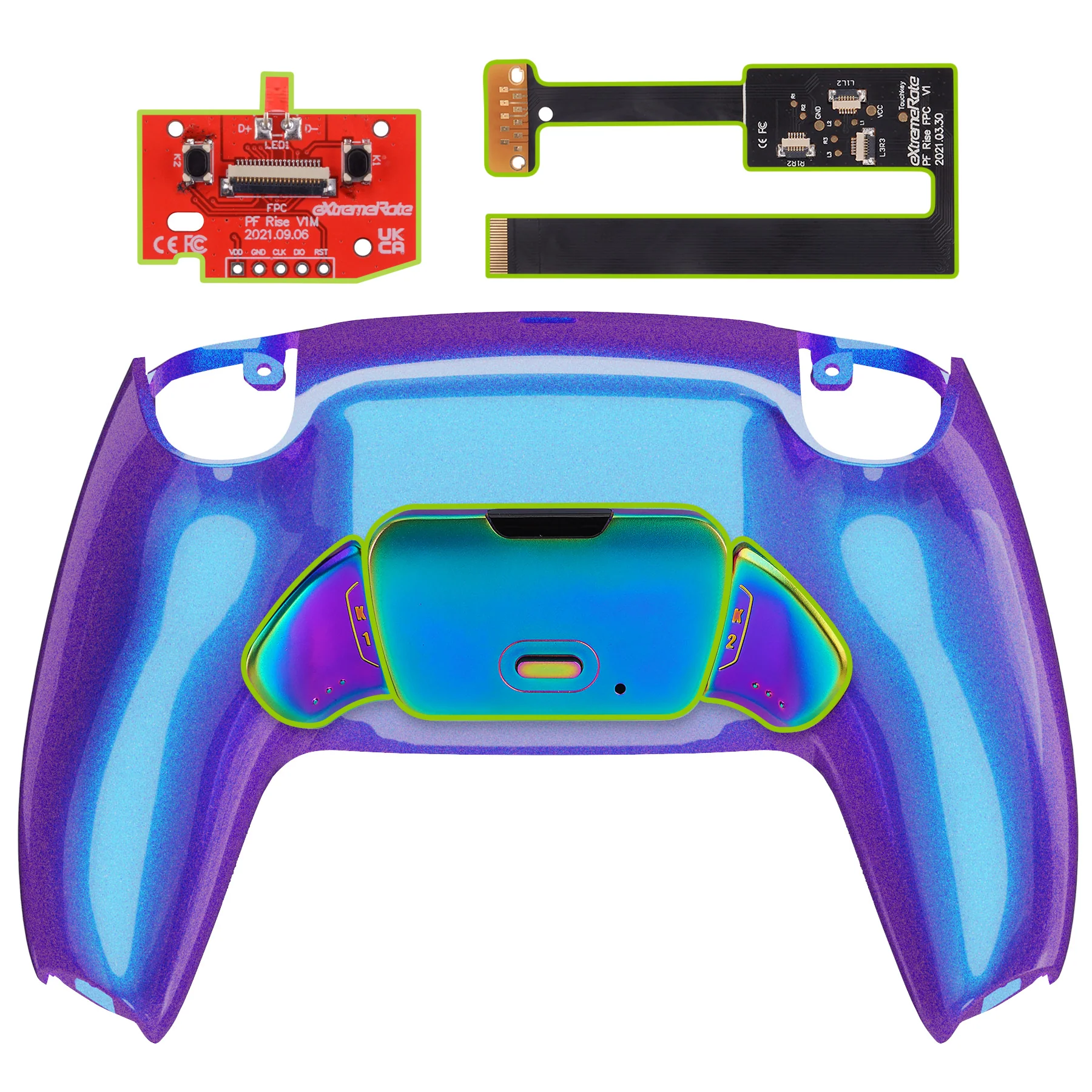eXtremeRate Rainbow Aura Blue & Purple Real Metal Buttons (RMB) Version RISE 2.0 Remap Kit for PS5 Controller BDM-010/020 - Chameleon Purple Blue