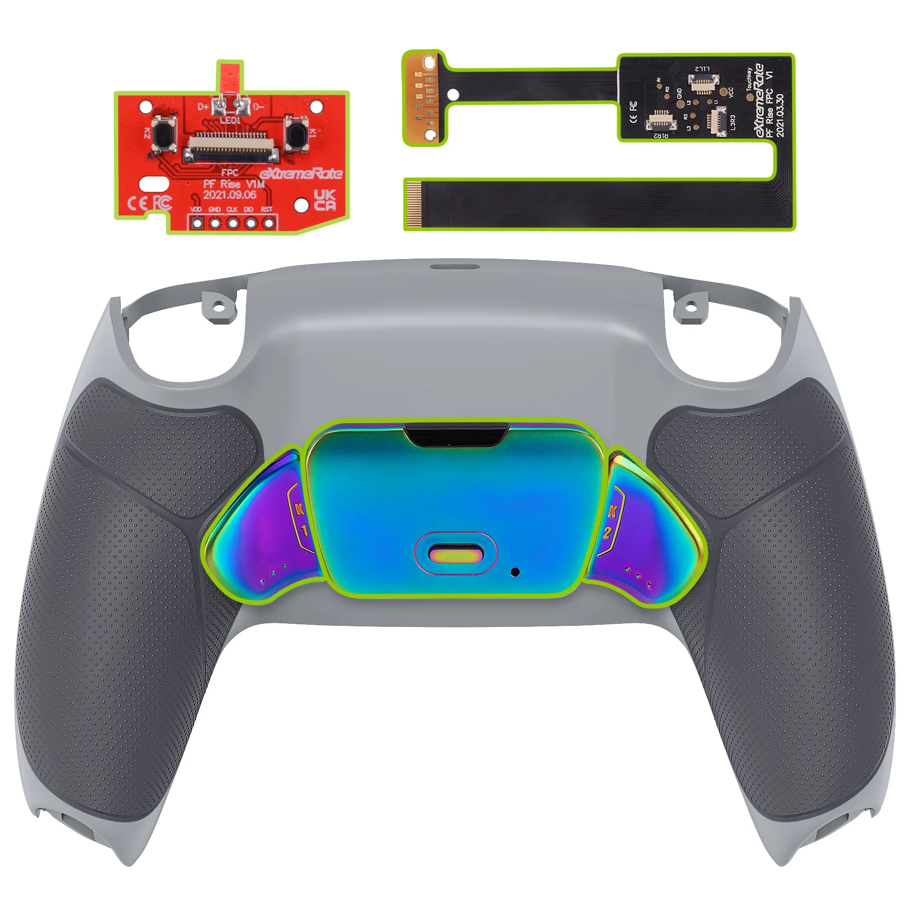 eXtremeRate Rainbow Aura Blue & Purple Real Metal Buttons (RMB) Version RISE 2.0 Remap Kit for PS5 Controller BDM-010/020 - Rubberized New Hope Gray & Classic Gray