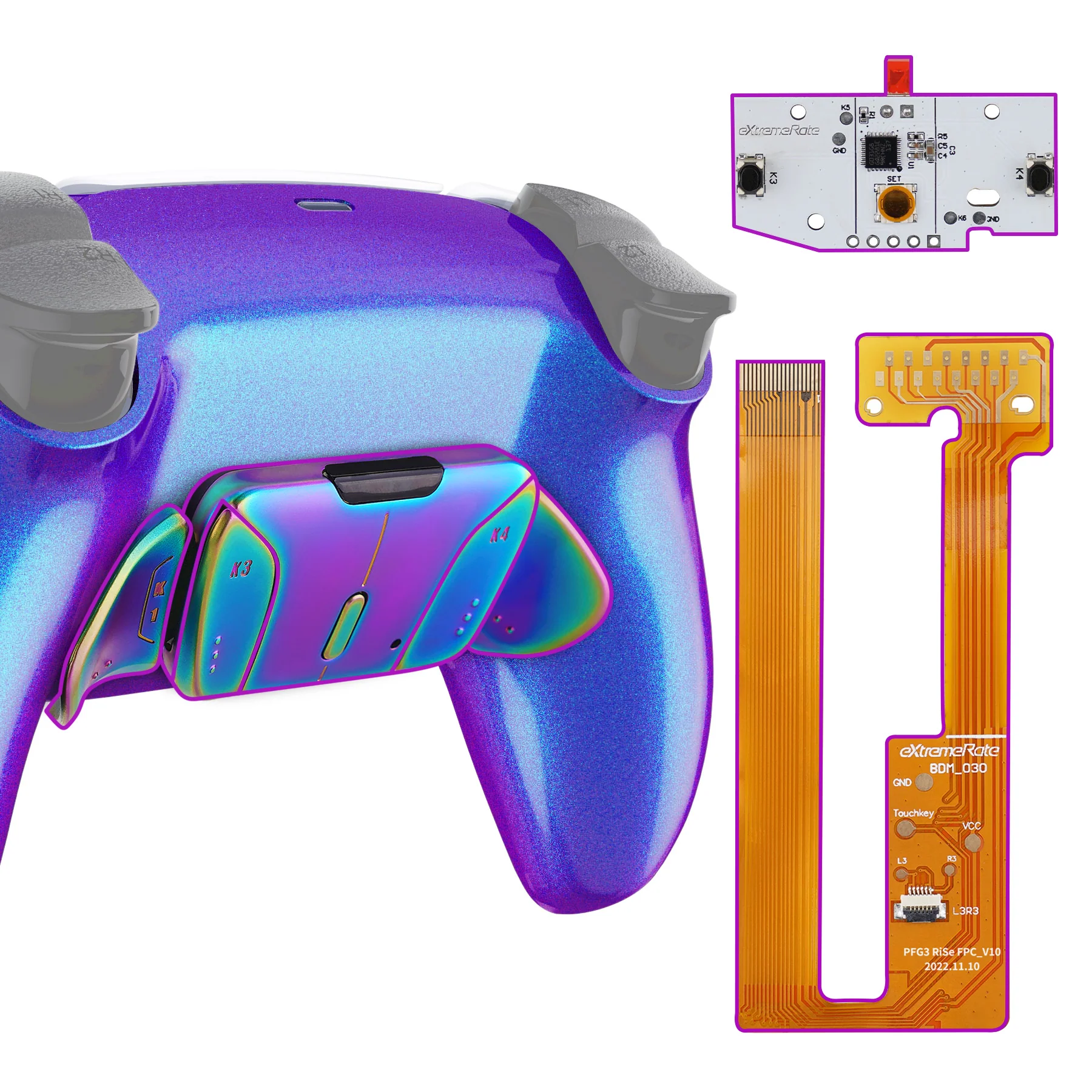 eXtremeRate Rainbow Aura Blue & Purple Real Metal Buttons (RMB) Version RISE4 Remap Kit for PS5 Controller BDM-030/040/050 - Chameleon Purple Blue