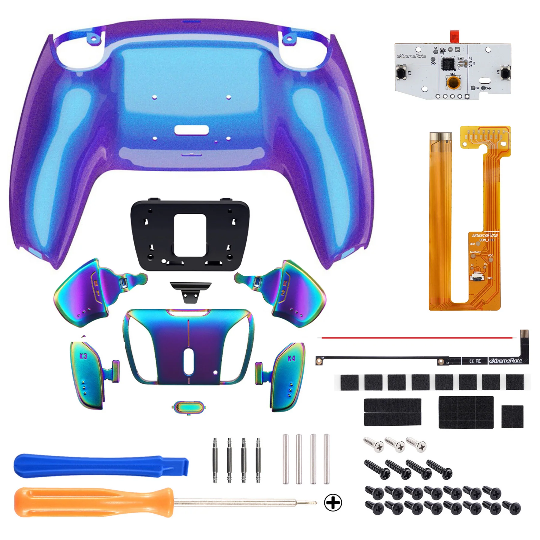 eXtremeRate Rainbow Aura Blue & Purple Real Metal Buttons (RMB) Version RISE4 Remap Kit for PS5 Controller BDM-030/040/050 - Chameleon Purple Blue - Image 2
