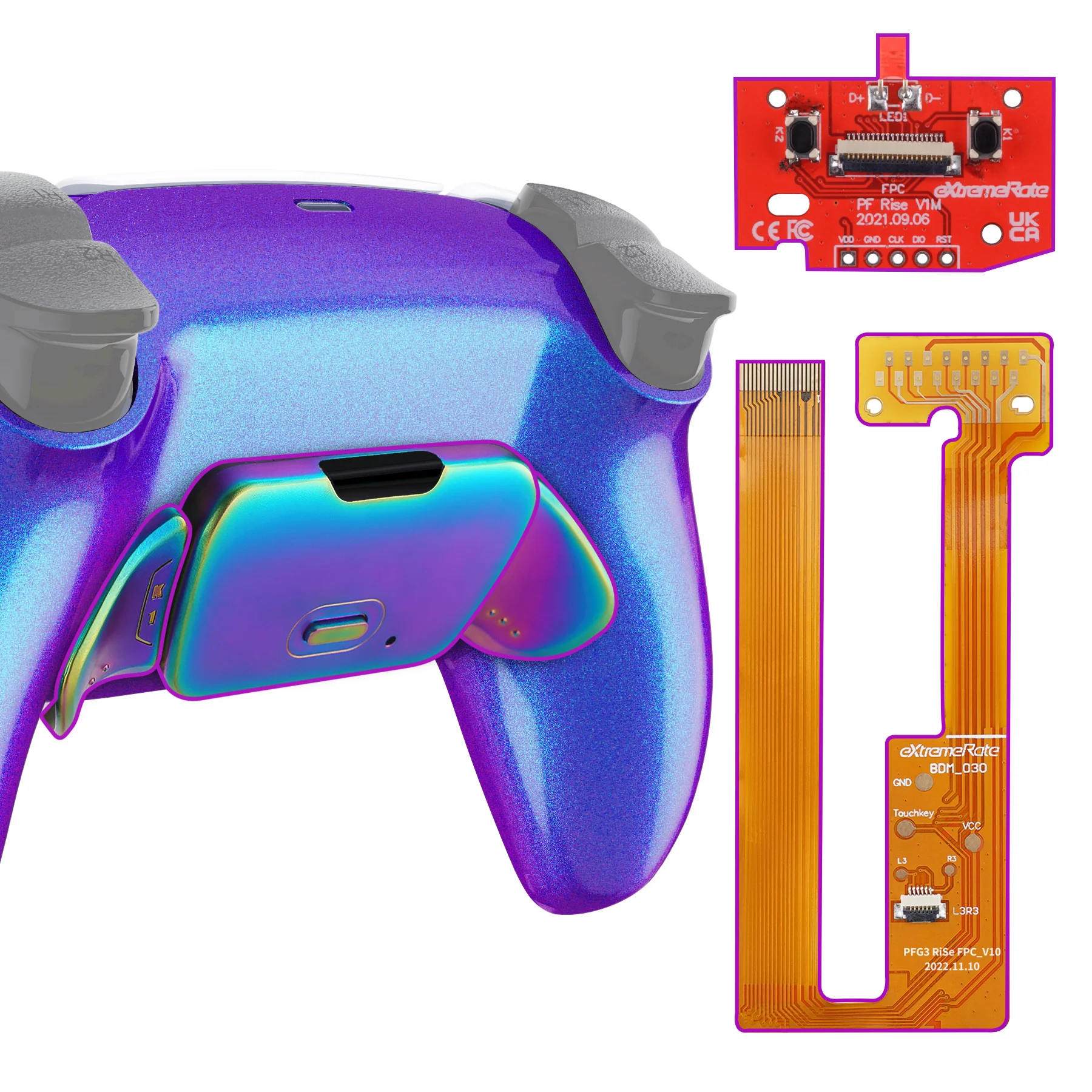 eXtremeRate Rainbow Aura Blue & Purple Real Metal Buttons (RMB) Version RISE Remap Kit for PS5 Controller BDM-030/040/050 - Chameleon Purple Blue