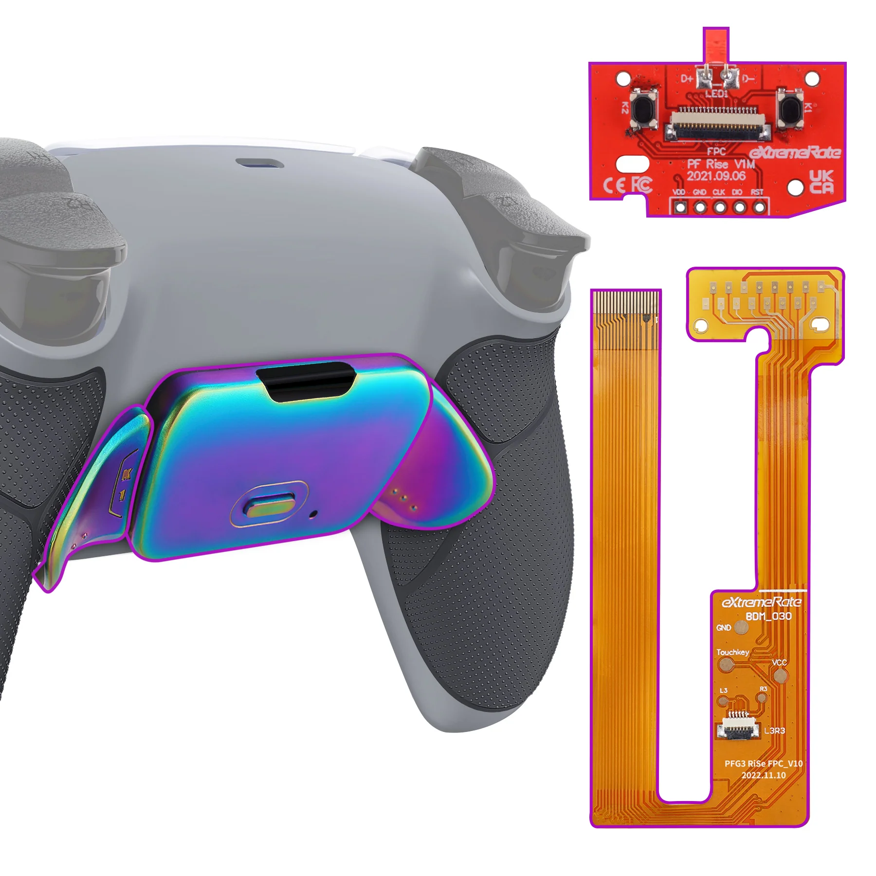 eXtremeRate Rainbow Aura Blue & Purple Real Metal Buttons (RMB) Version RISE Remap Kit for PS5 Controller BDM-030/040/050 - Rubberized New Hope Gray & Classic Gray