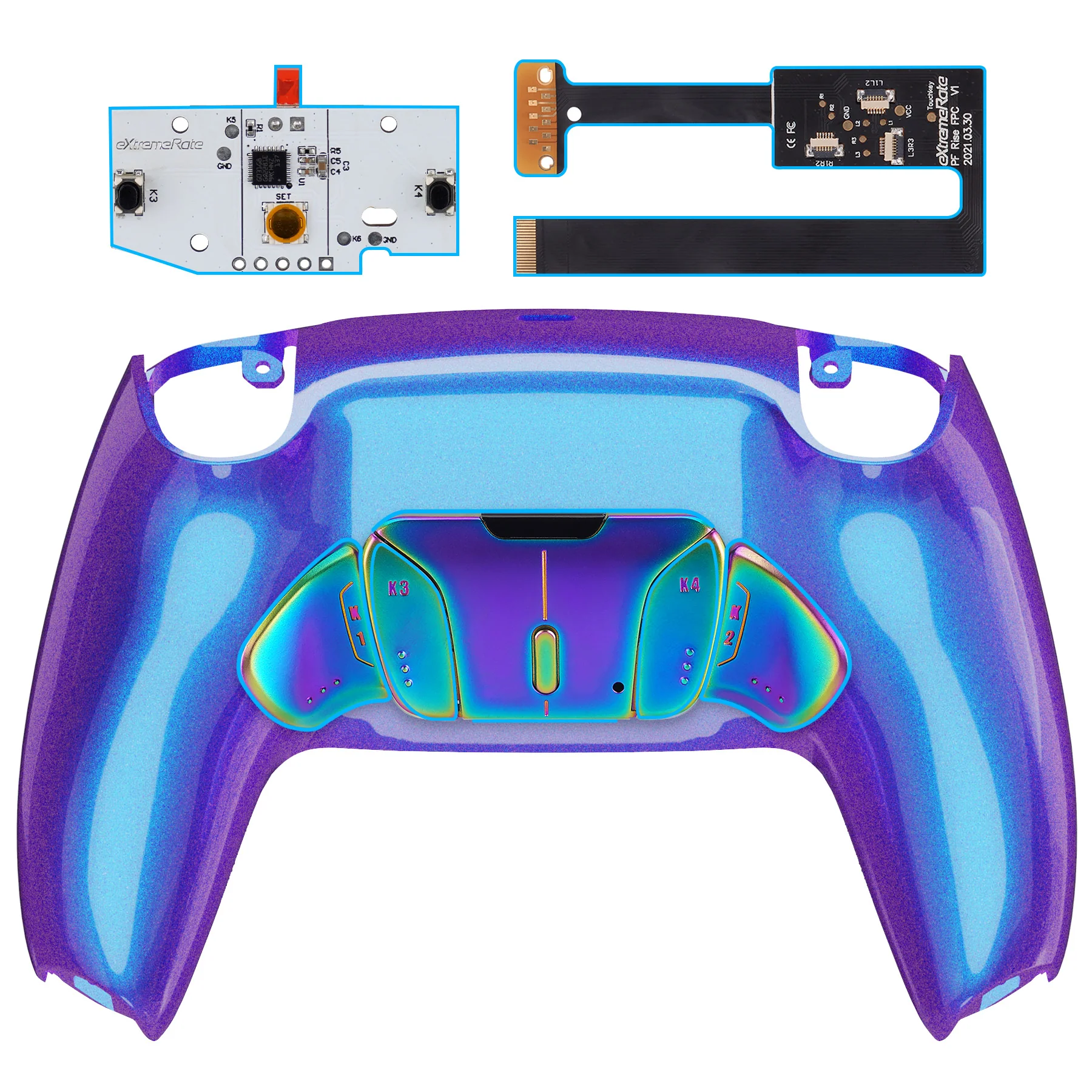 eXtremeRate Rainbow Aura Blue & Purple Real Metal Buttons (RMB) Version RISE4 Remap Kit for PS5 Controller BDM-010/020 - Chameleon Purple Blue