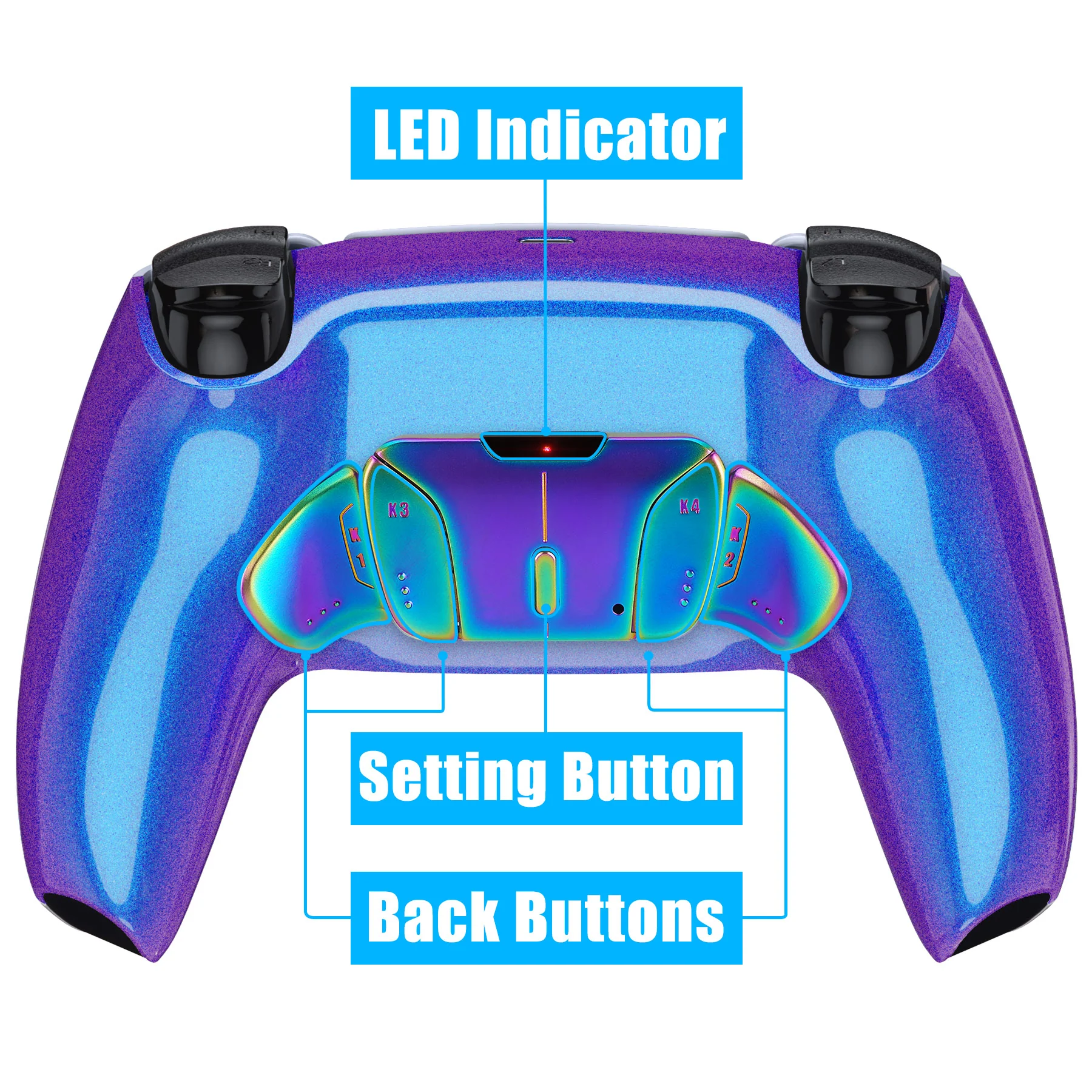 eXtremeRate Rainbow Aura Blue & Purple Real Metal Buttons (RMB) Version RISE4 Remap Kit for PS5 Controller BDM-010/020 - Chameleon Purple Blue - Image 5