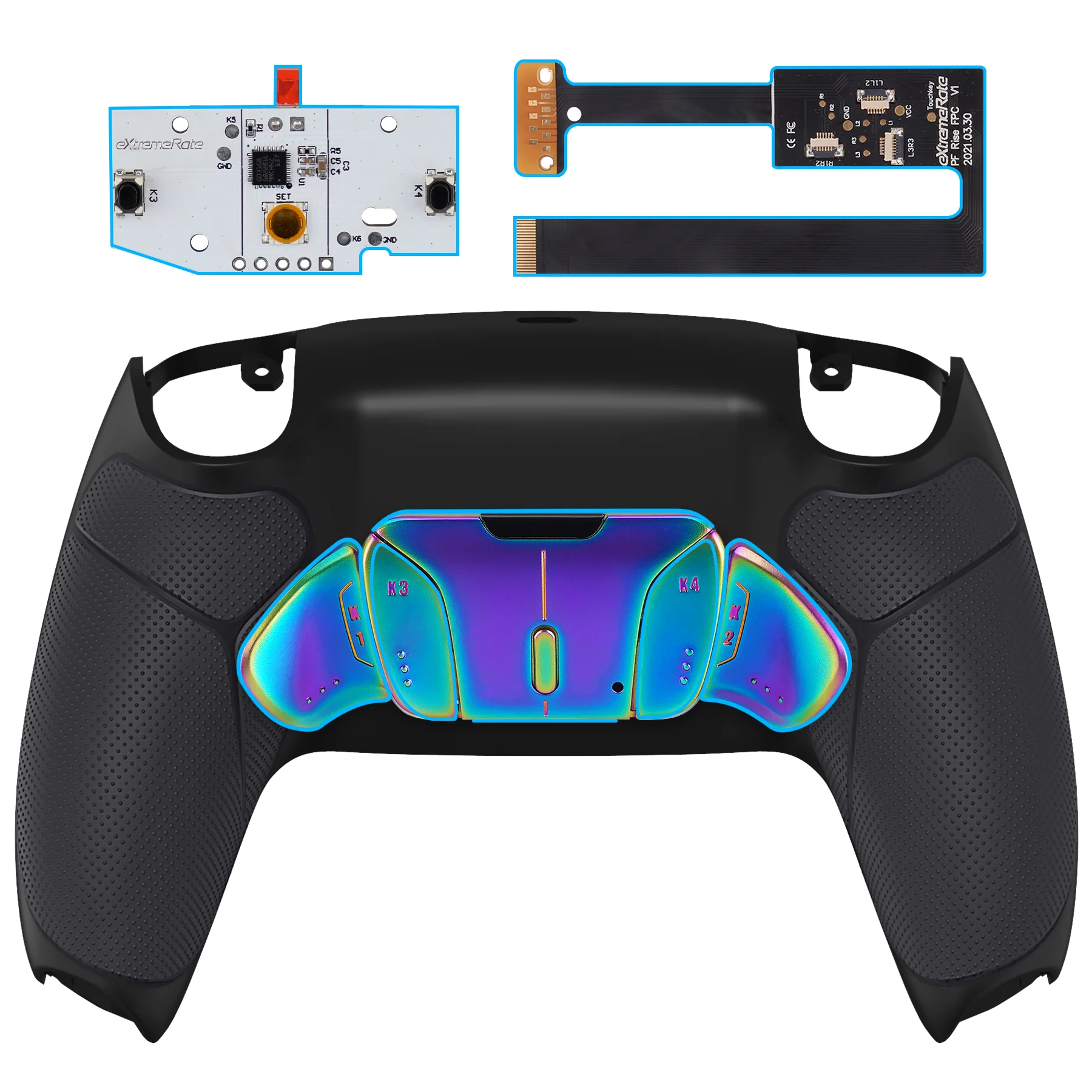 eXtremeRate Rainbow Aura Blue & Purple Real Metal Buttons (RMB) Version RISE4 Remap Kit for PS5 Controller BDM-010/020 - Rubberized Black