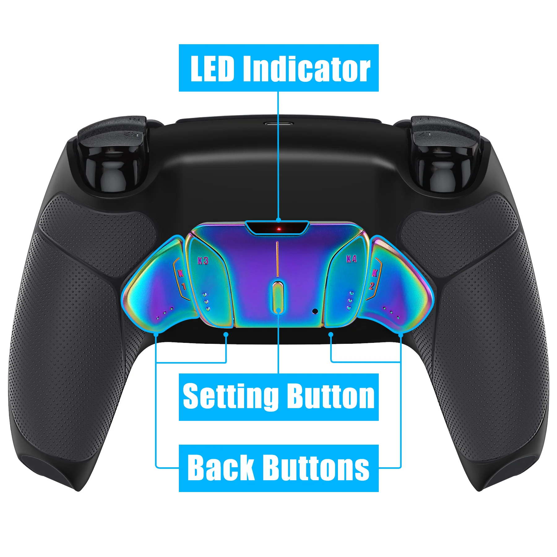 eXtremeRate Rainbow Aura Blue & Purple Real Metal Buttons (RMB) Version RISE4 V3 Remap Kit for PS5 Controller BDM-030/040/050 - Rubberized Black - Image 4