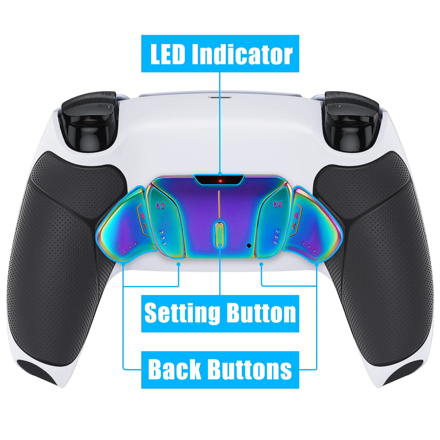 eXtremeRate Rainbow Aura Blue & Purple Real Metal Buttons (RMB) Version RISE4 V3 Remap Kit for PS5 Controller BDM-030/040/050 - Rubberized White Black - Image 5