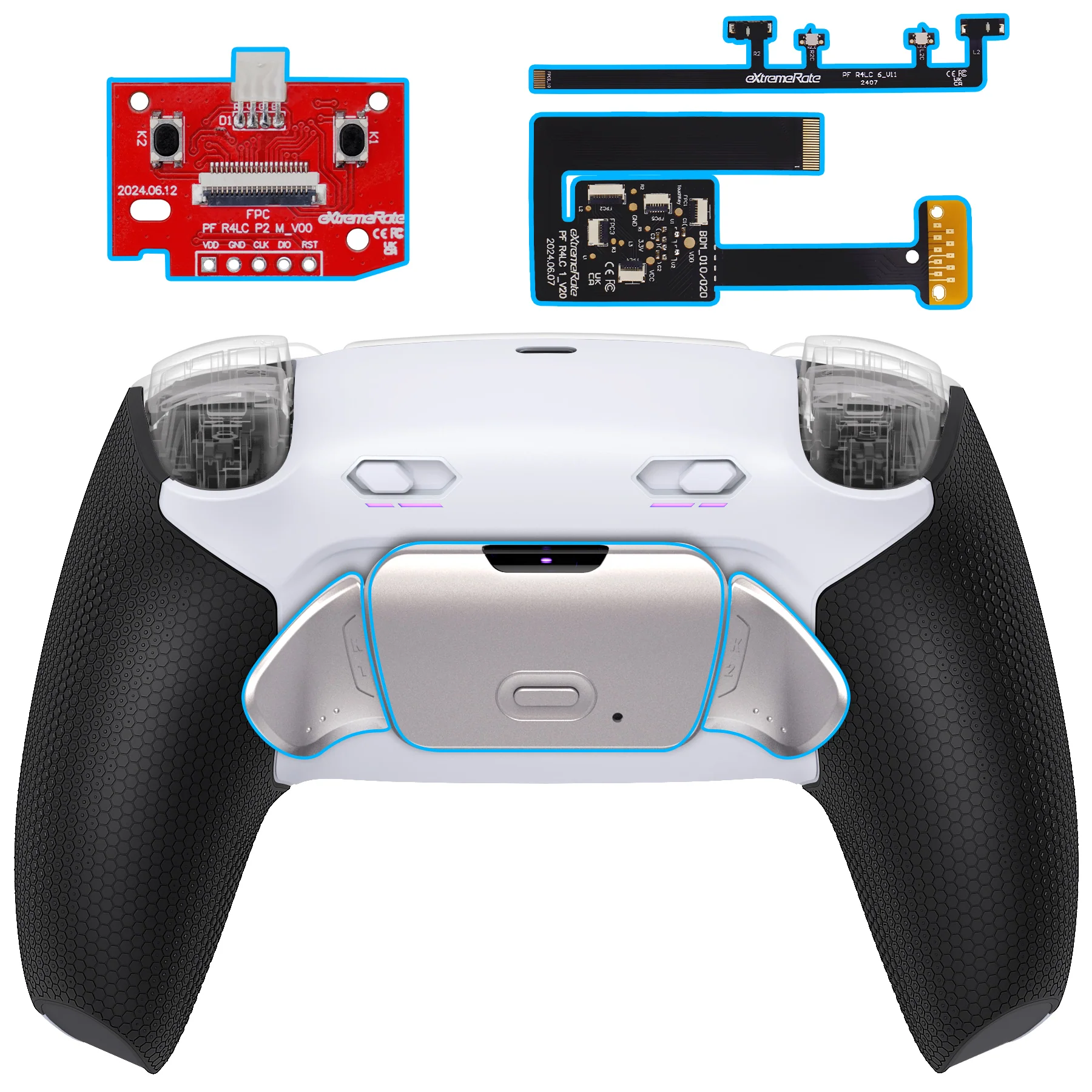eXtremeRate Real Metal Buttons (RMB) Version RISE Plus MAX Back Paddles Kit with Clicky Trigger Stops & Rubberized Grip for PS5 Controller BDM-010/020 - White Black - Silver
