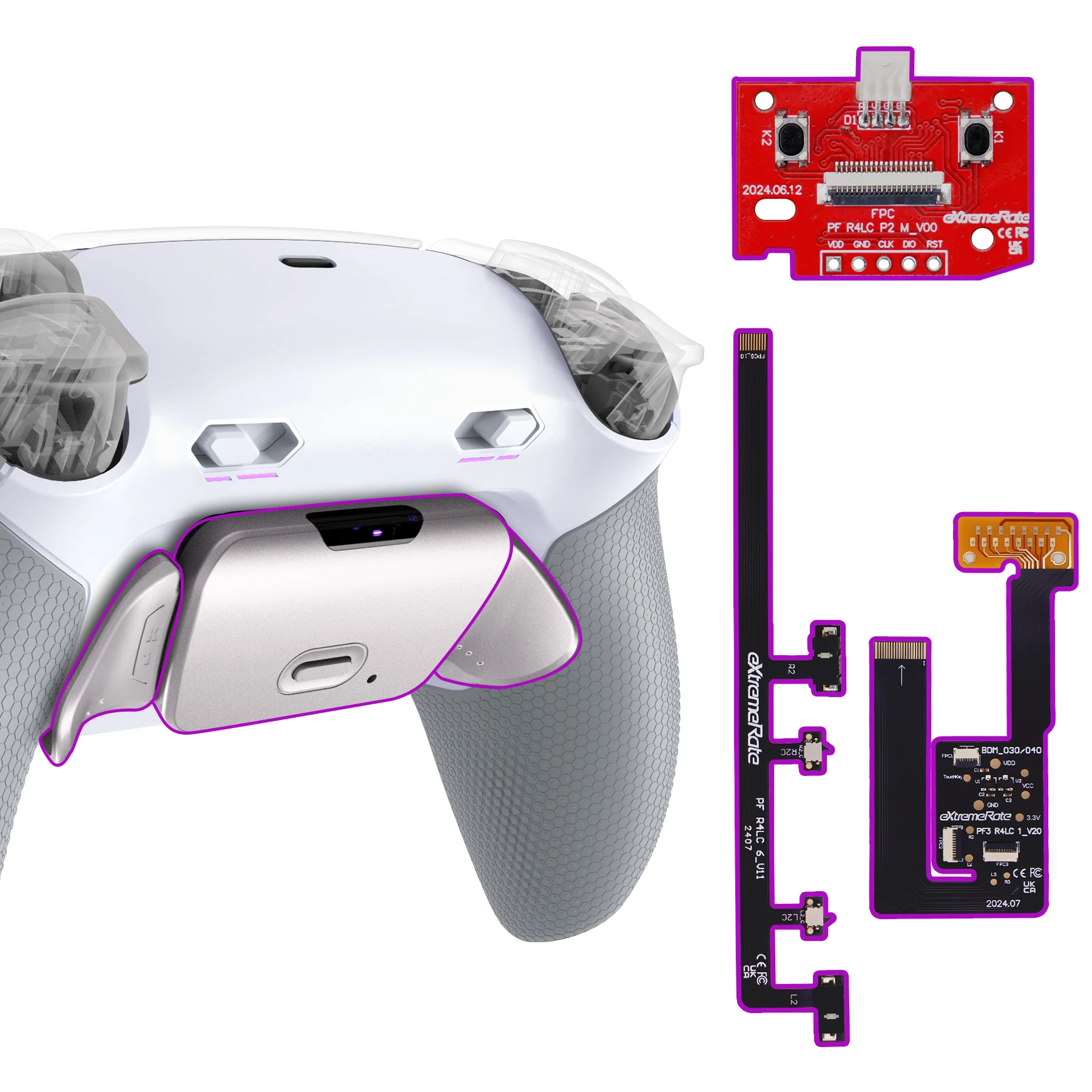 eXtremeRate Real Metal Buttons (RMB) Version RISE Plus MAX Back Paddles Kit with Clicky Trigger Stops & Rubberized Grip for PS5 Controller BDM-030/040/050 - White Gray - Silver