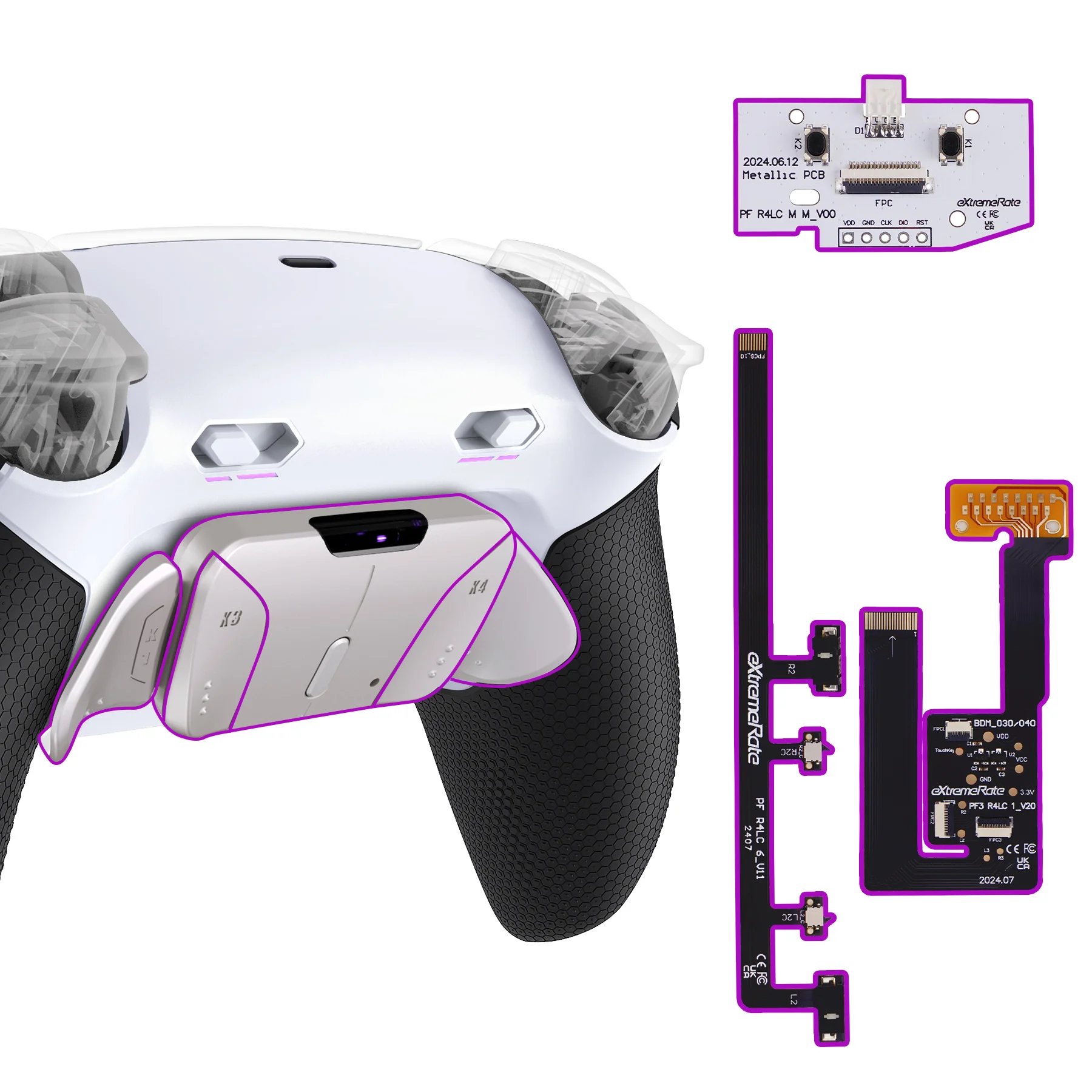 eXtremeRate Real Metal Buttons (RMB) Version RISE4 Plus MAX Back Paddles Kit with Clicky Trigger Stops & Rubberized Grip for PS5 Controller BDM-030/040/050 - White Black - Silver