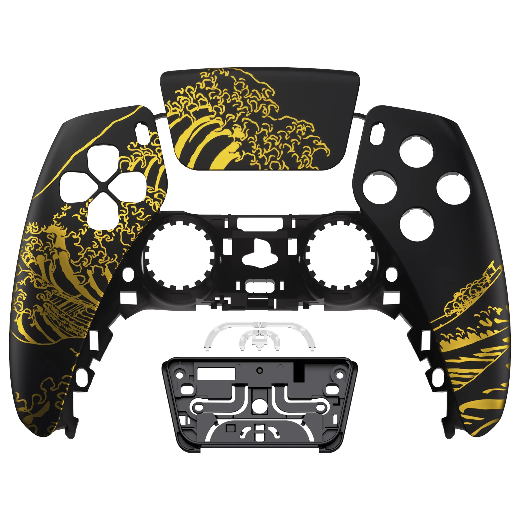 eXtremeRate Replacement Front Housing Shell with Touchpad Compatible with PS5 Controller BDM-010/020/030/040/050/060 - The Great GOLDEN Wave Off Kanagawa - Black