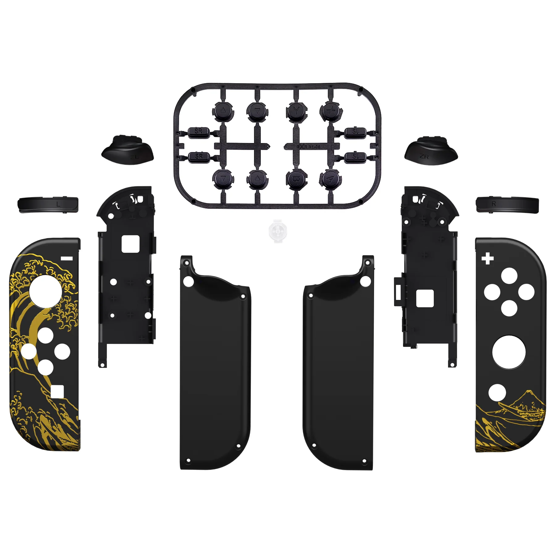 eXtremeRate Replacement Full Set Shell Case with Buttons for Joycon of NS Switch - The Great GOLDEN Wave Off Kanagawa - Black - Image 2