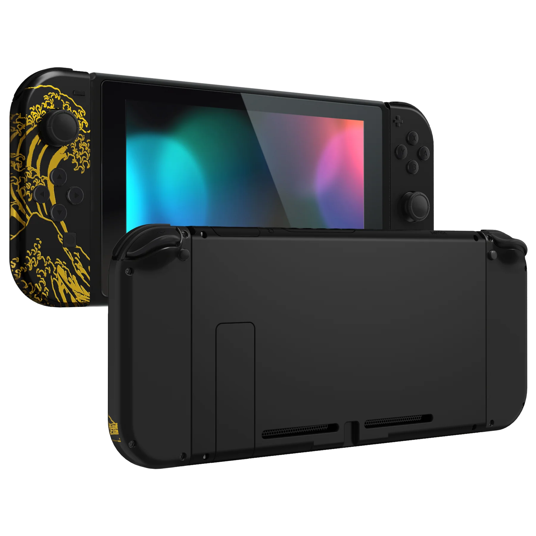 eXtremeRate Replacement Full Set Shell Case with Buttons for Joycon of NS Switch - The Great GOLDEN Wave Off Kanagawa - Black - Image 3