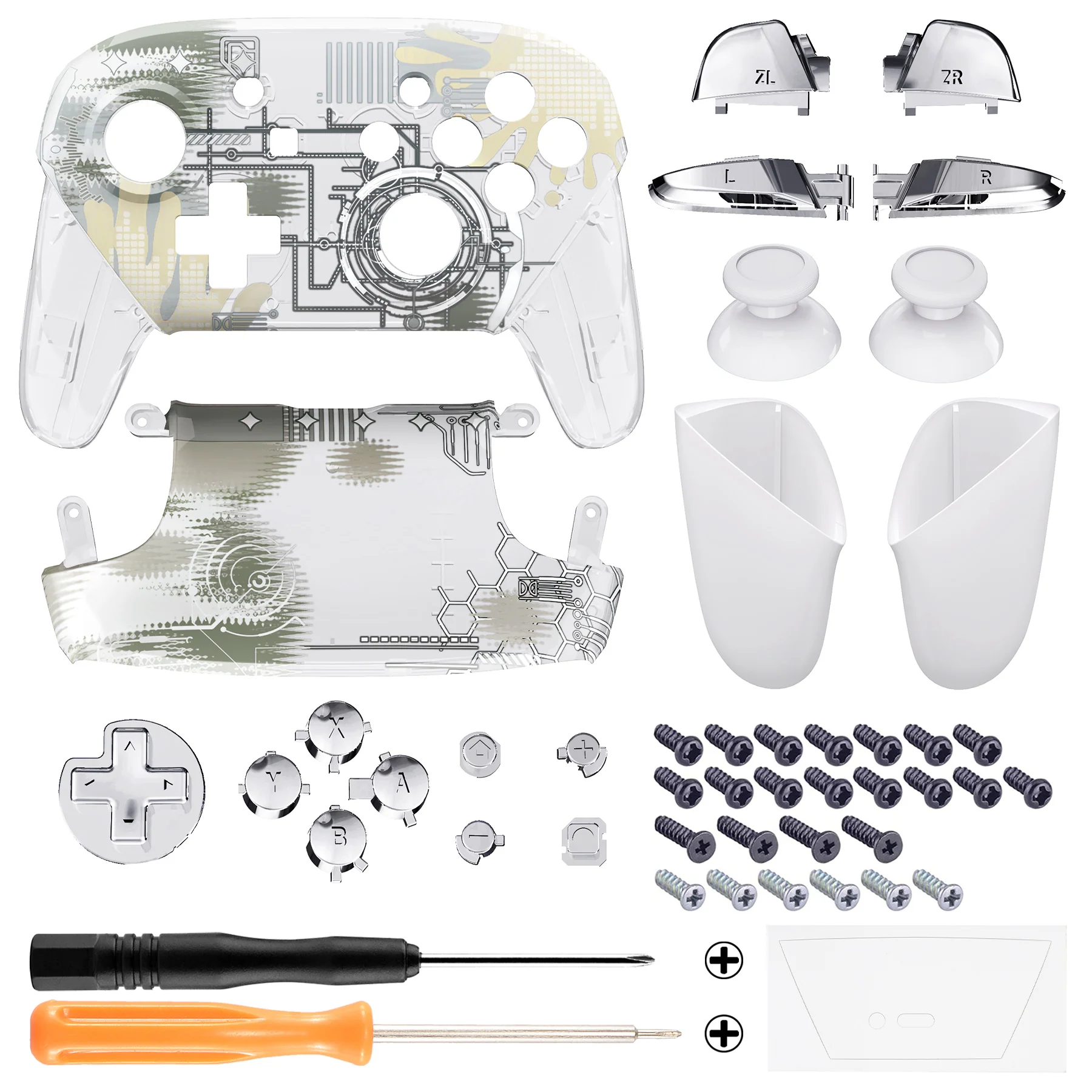 eXtremeRate Replacement Full Set Shell Faceplate Backplate Handles with Button Kit for Nintendo Switch Pro - Silver Splatter - Image 2