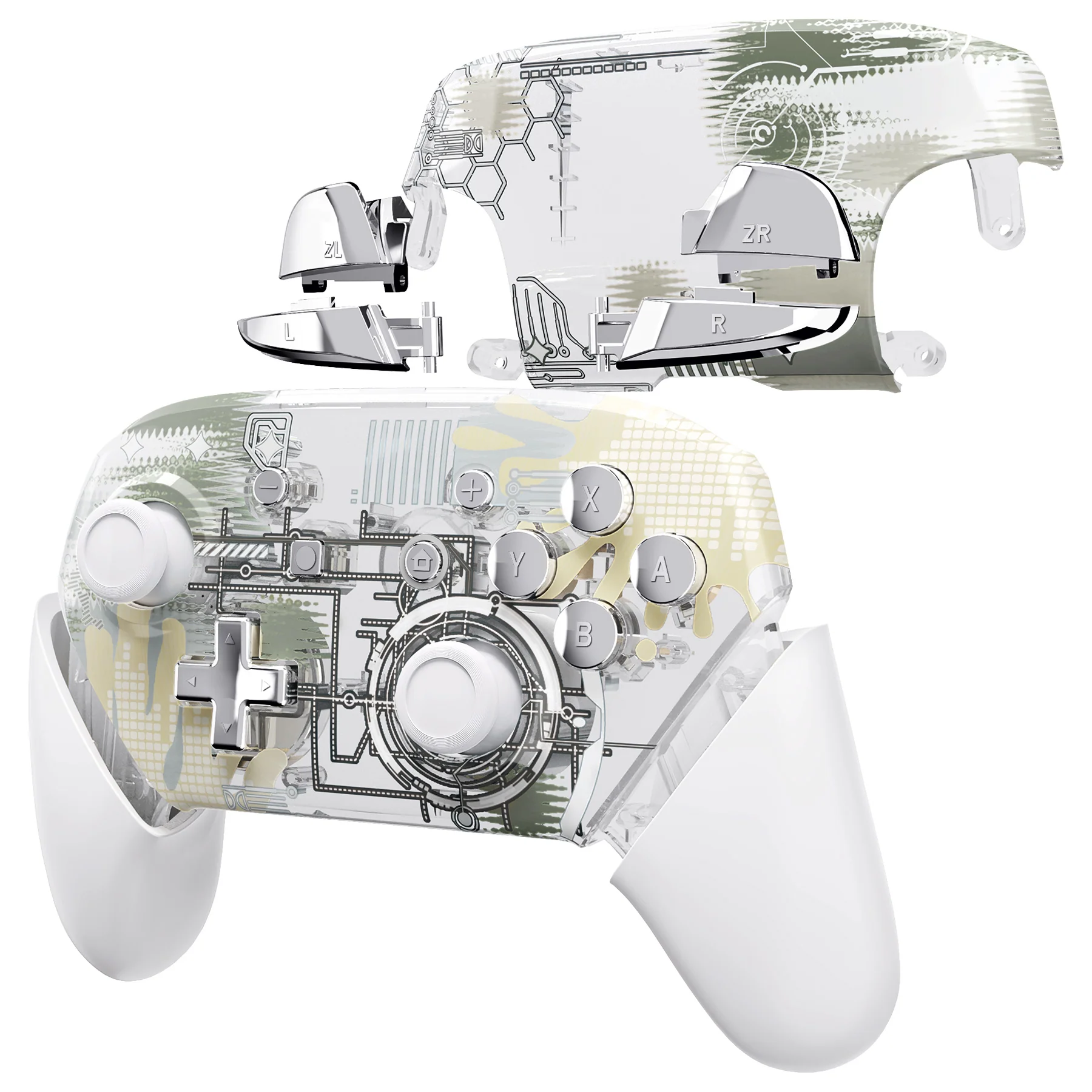 eXtremeRate Replacement Full Set Shell Faceplate Backplate Handles with Button Kit for Nintendo Switch Pro - Silver Splatter - Image 5