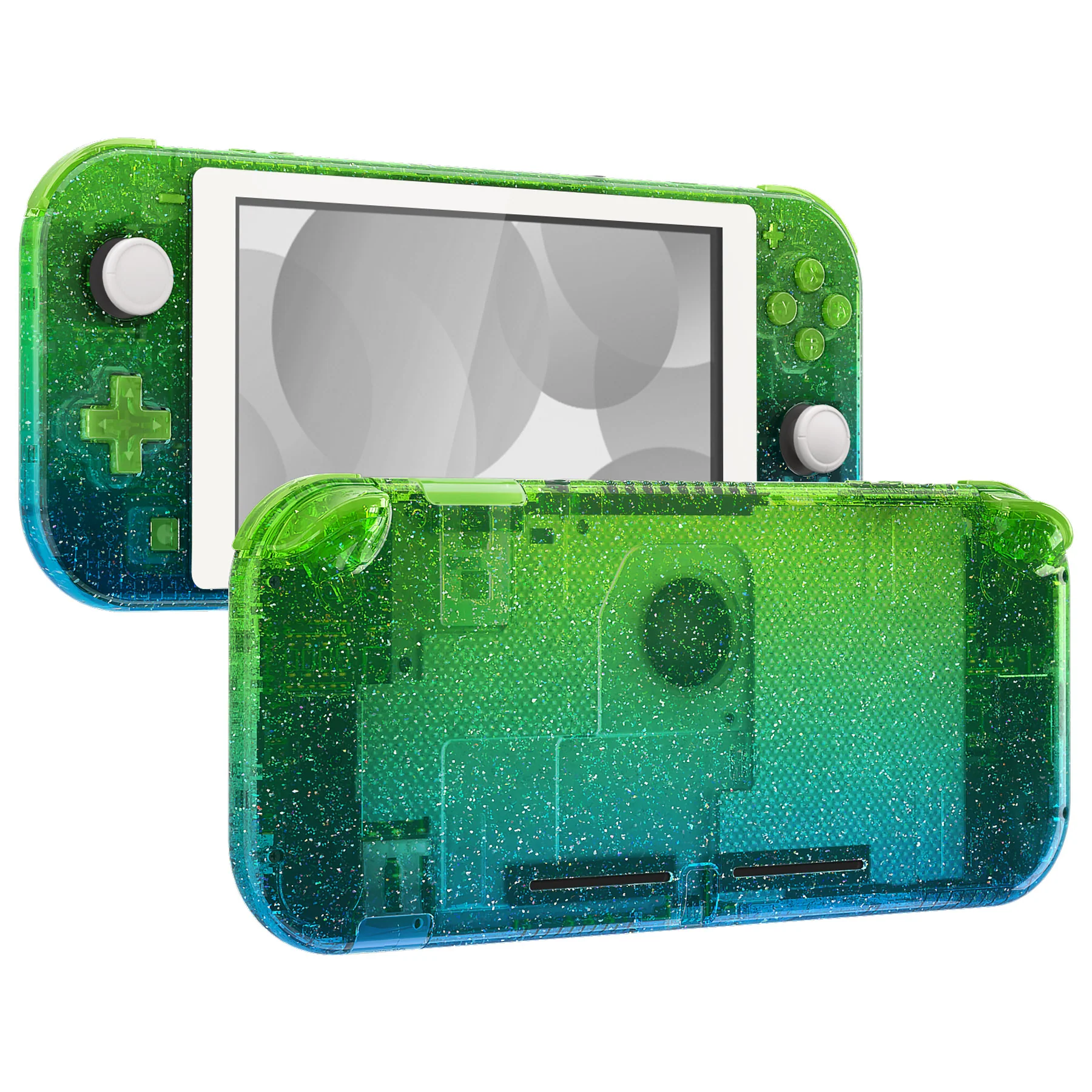 eXtremeRate Replacement Full Set Shells with Buttons Kits & Screen Protector for Nintendo Switch Lite - Glitter Gradient Translucent Green Blue