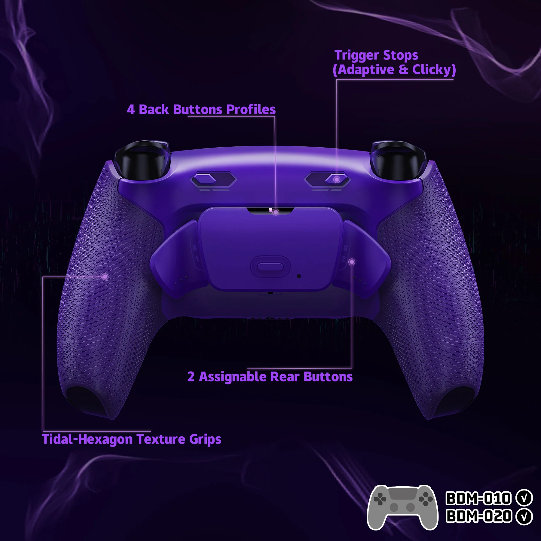 eXtremeRate RISE Plus MAX Back Paddles Kit with Clicky Trigger Stops & Rubberized Grip for PS5 Controller BDM-010/020 - Galactic Purple - Image 5