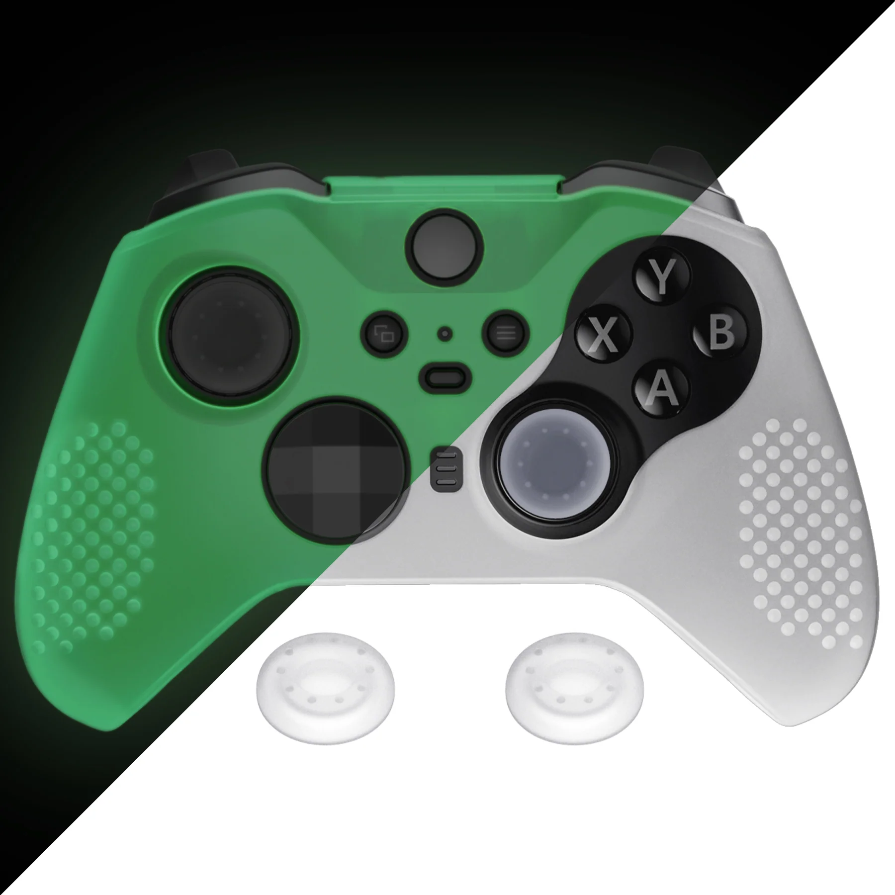 eXtremeRate PlayVital Protective Anti-Slip Silicone Case with Thumb Grips Caps for Xbox One Elite Series 2 & Elite 2 Core Controller - Glow in Dark - Green