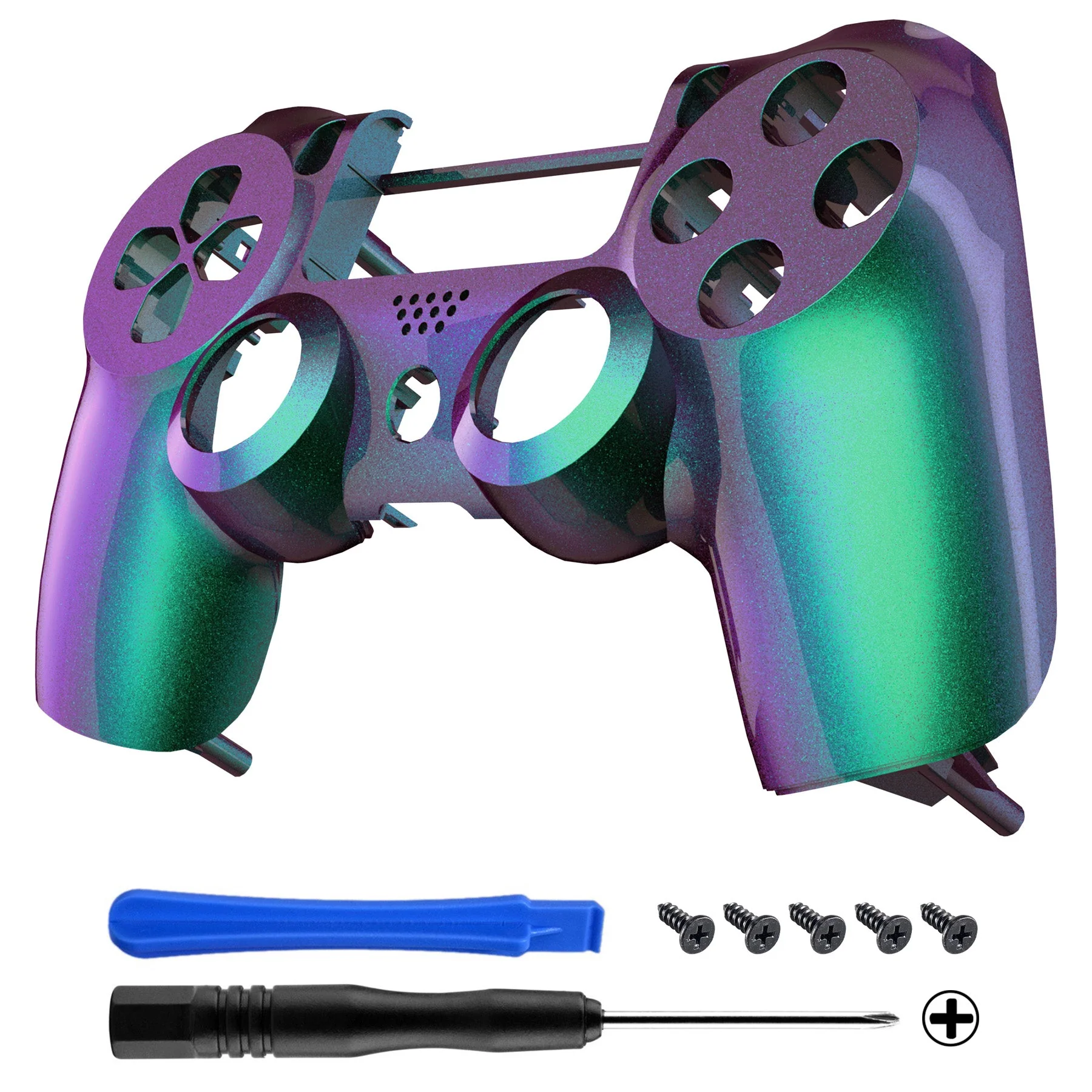 eXtremeRate Replacement Front Housing Shell for PS4 Slim Pro Controller Controller (CUH-ZCT2 JDM-040/050/055) - Chameleon Green Purple Glossy
