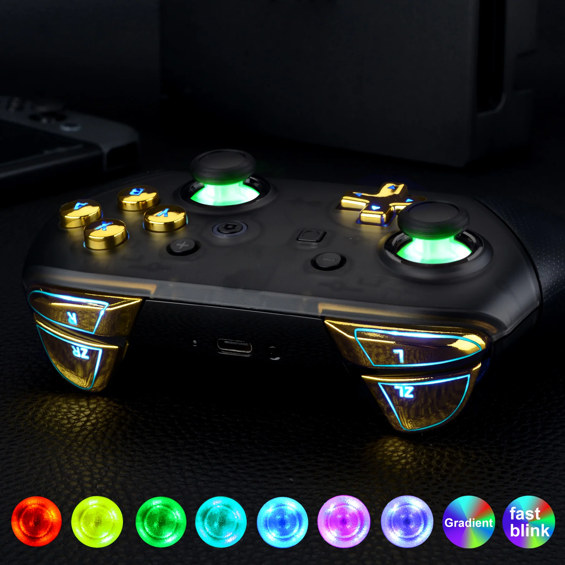 eXtremeRate Multi-Colors Luminated Button DTFS LED Kit for NS Switch Pro Controller - Chrome Gold
