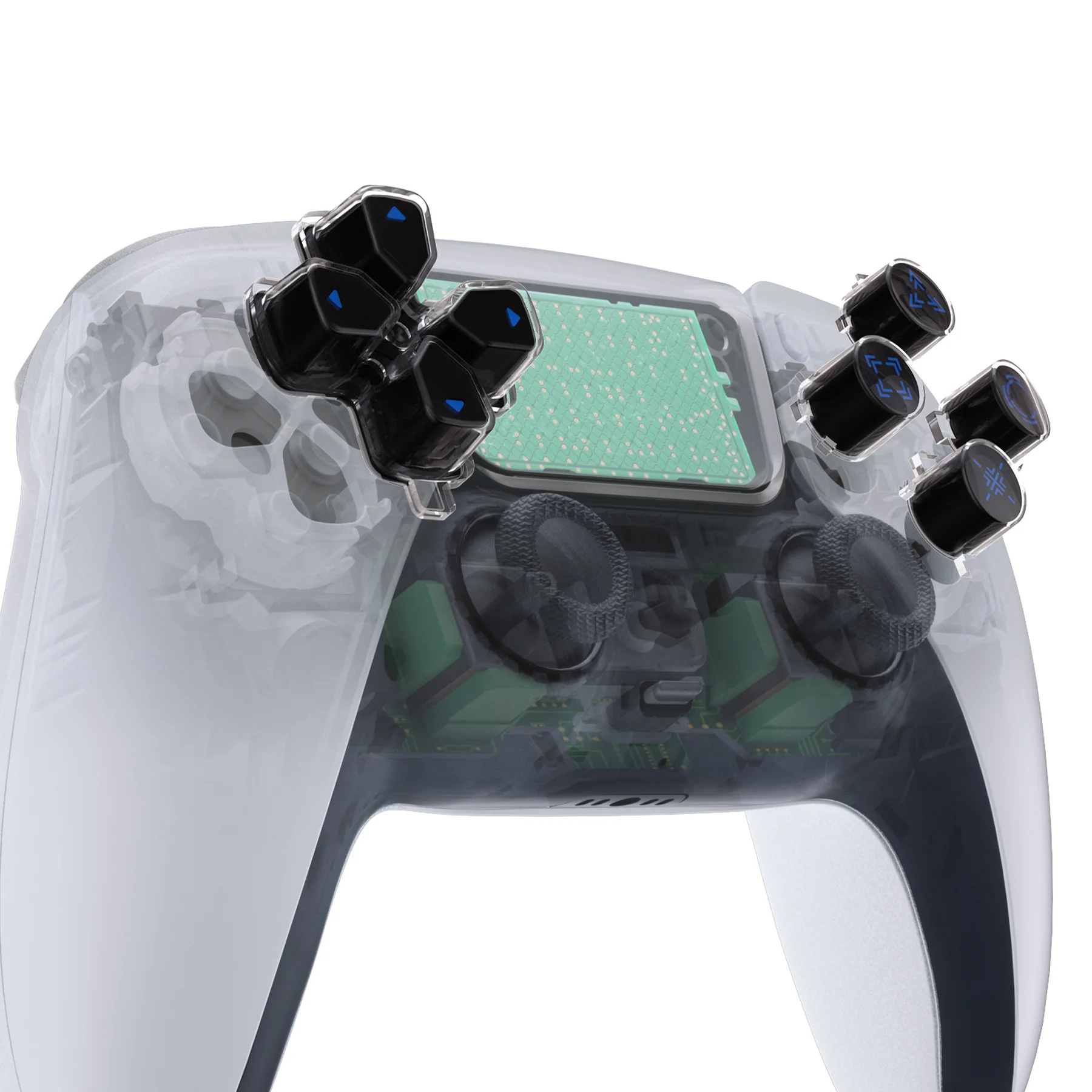 eXtremeRate Replacement Custom Three-Tone Dpad Action Buttons with Redesigned Symbols for PS5 Controller - Black & Clear & Blue