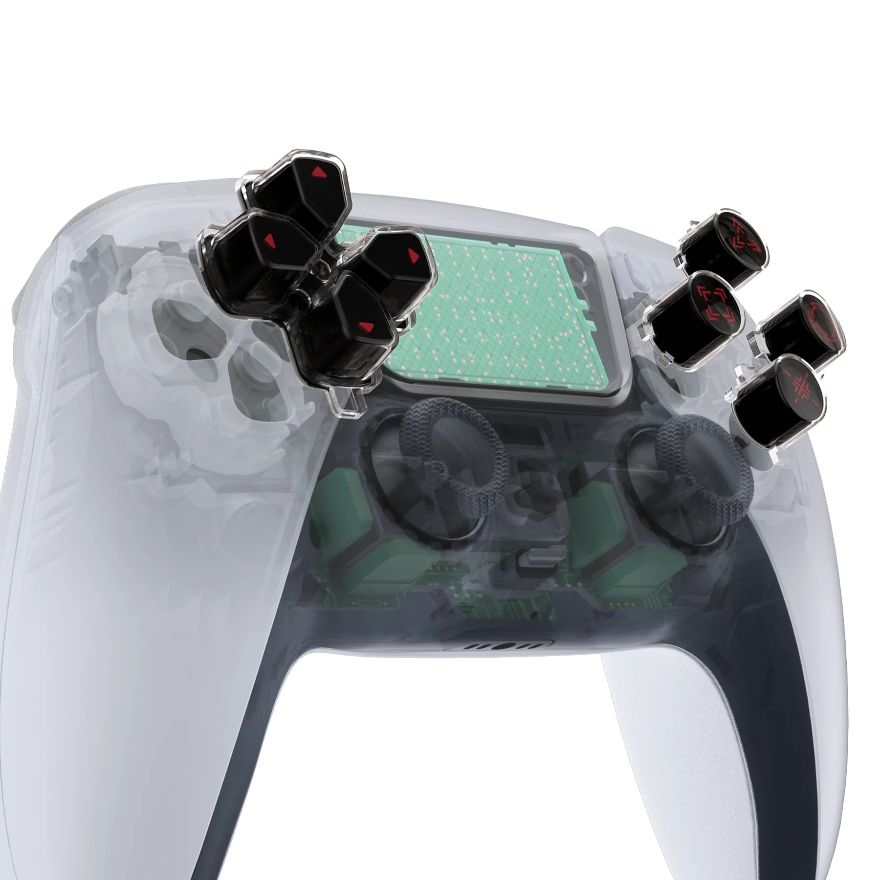 eXtremeRate Replacement Custom Three-Tone Dpad Action Buttons with Redesigned Symbols for PS5 Controller - Black & Clear & Carmine Red