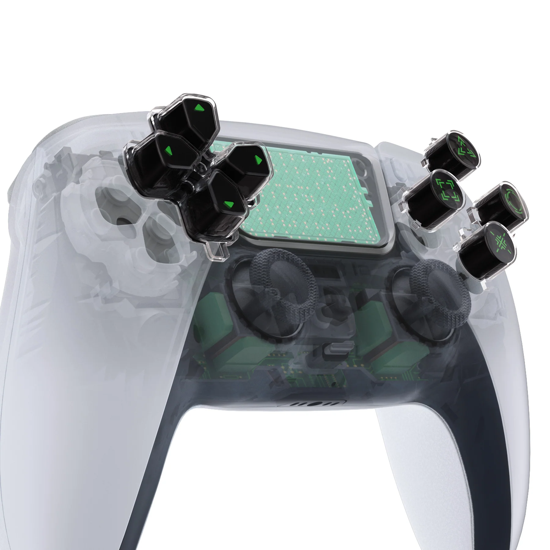 eXtremeRate Replacement Custom Three-Tone Dpad Action Buttons with Redesigned Symbols for PS5 Controller - Black & Clear & Green