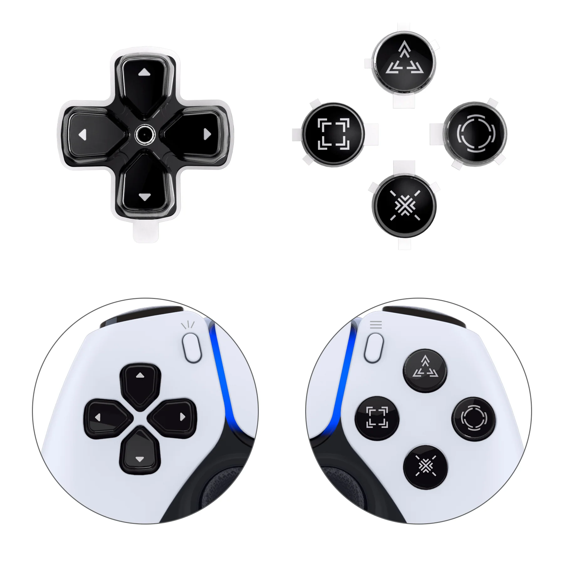 eXtremeRate Replacement Custom Three-Tone Dpad Action Buttons with Redesigned Symbols for PS5 Controller - Black & Clear & White - Image 7