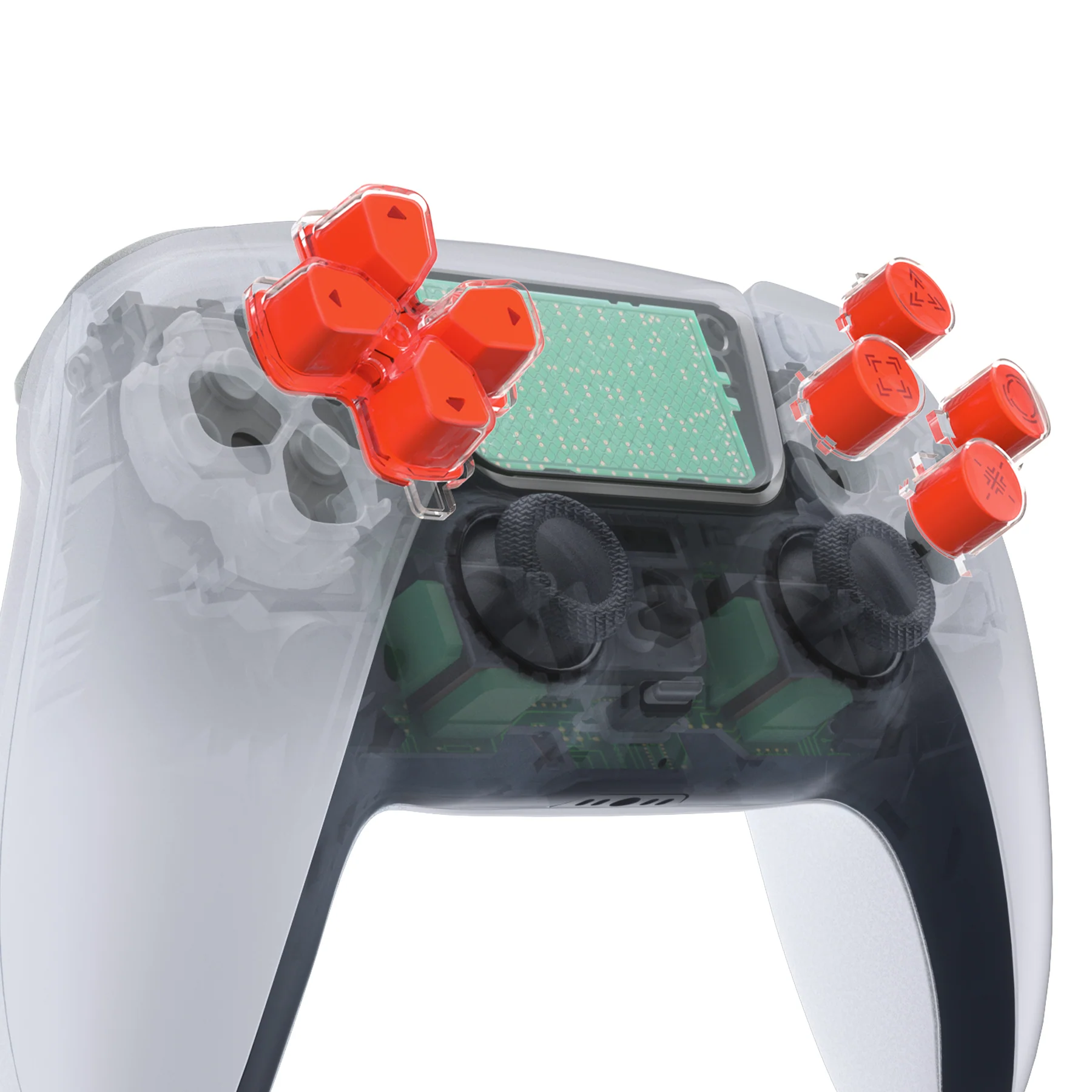 eXtremeRate Replacement Custom Three-Tone Dpad Action Buttons with Redesigned Symbols for PS5 Controller - Orange & Clear & Red
