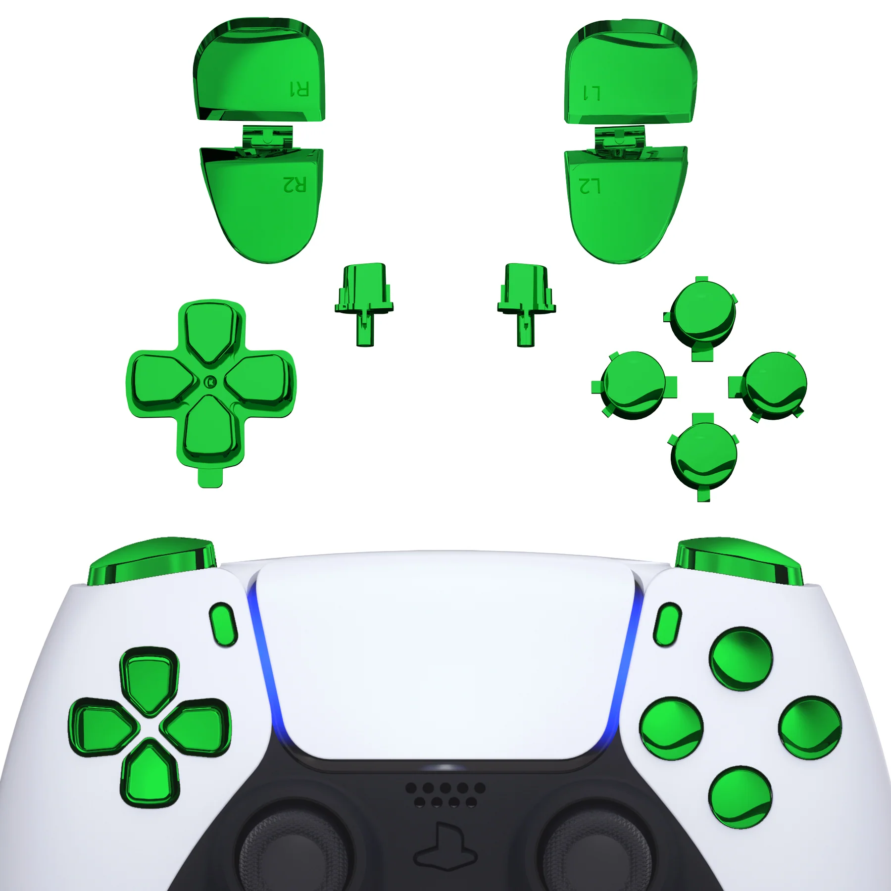 eXtremeRate Replacement Full Set Buttons Compatible with PS5 Controller BDM-030/040/050/060 - Chrome Green