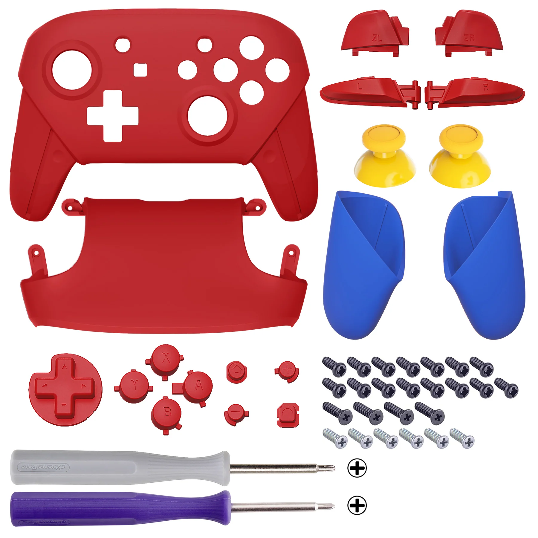 eXtremeRate Replacement Full Set Shell Faceplate Backplate Handles for Nintendo Switch Pro - Passion Red & Blue - Image 2