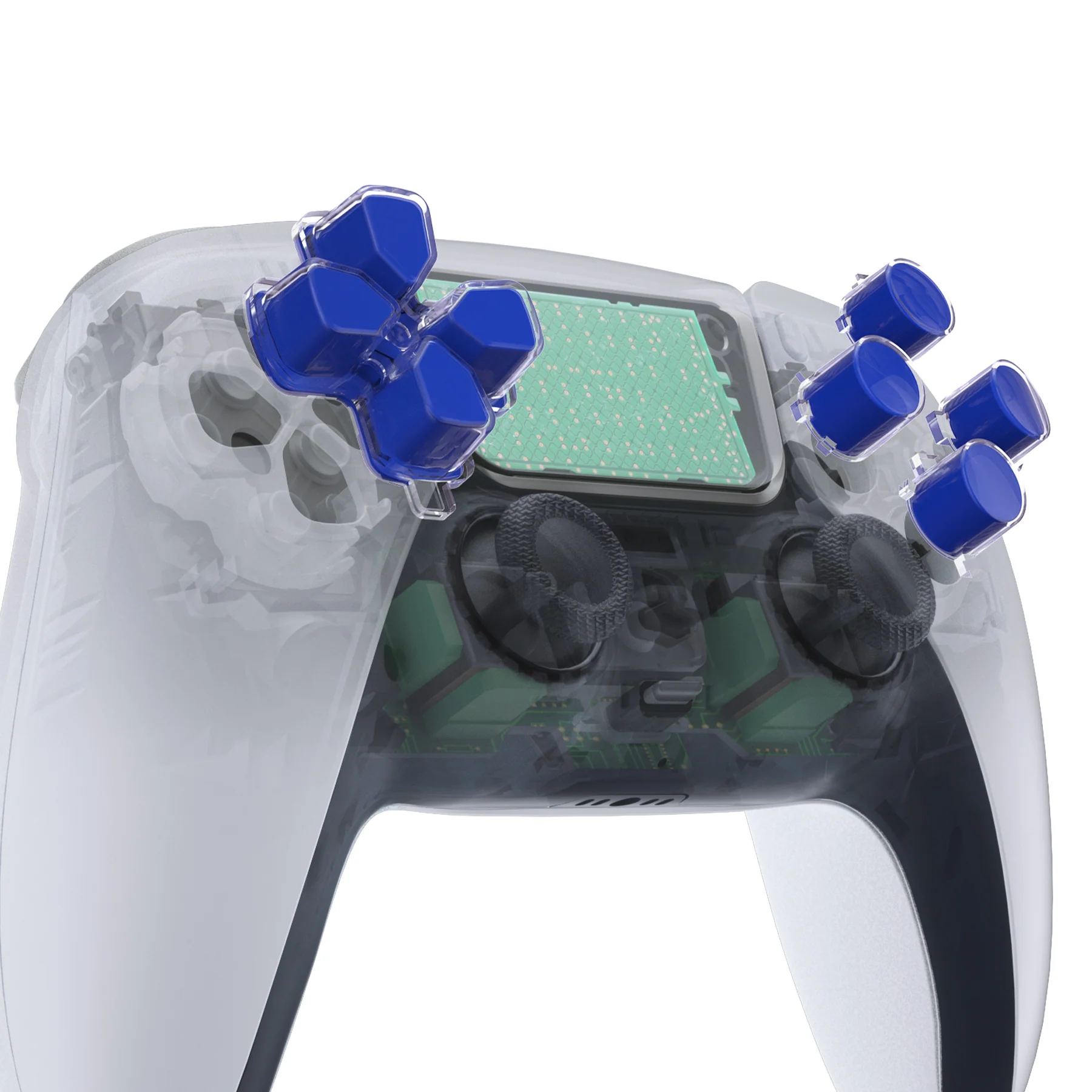 eXtremeRate Replacement No Letter Imprint Two-Tone Dpad Action Buttons for PS5 Controller - Blue & Clear