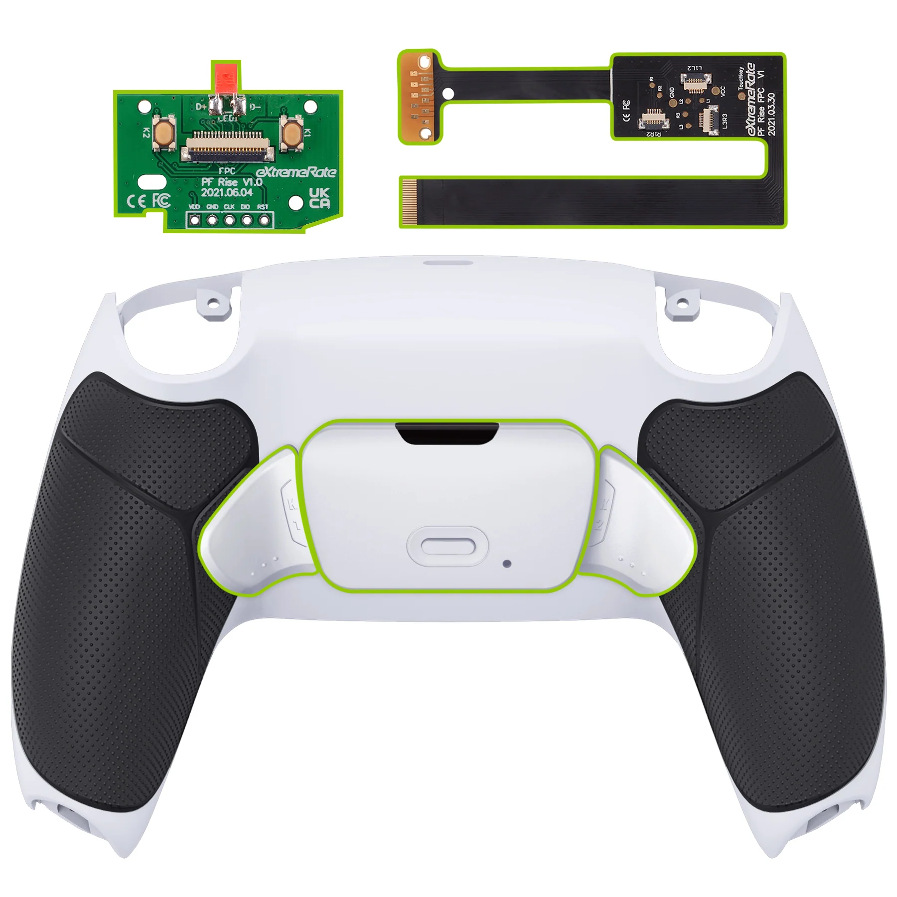 eXtremeRate Remappable Rise 2.0 Remap Kit for PS5 Controller BDM-010 & BDM-020 - Rubberized Black Grip with White Back Paddles