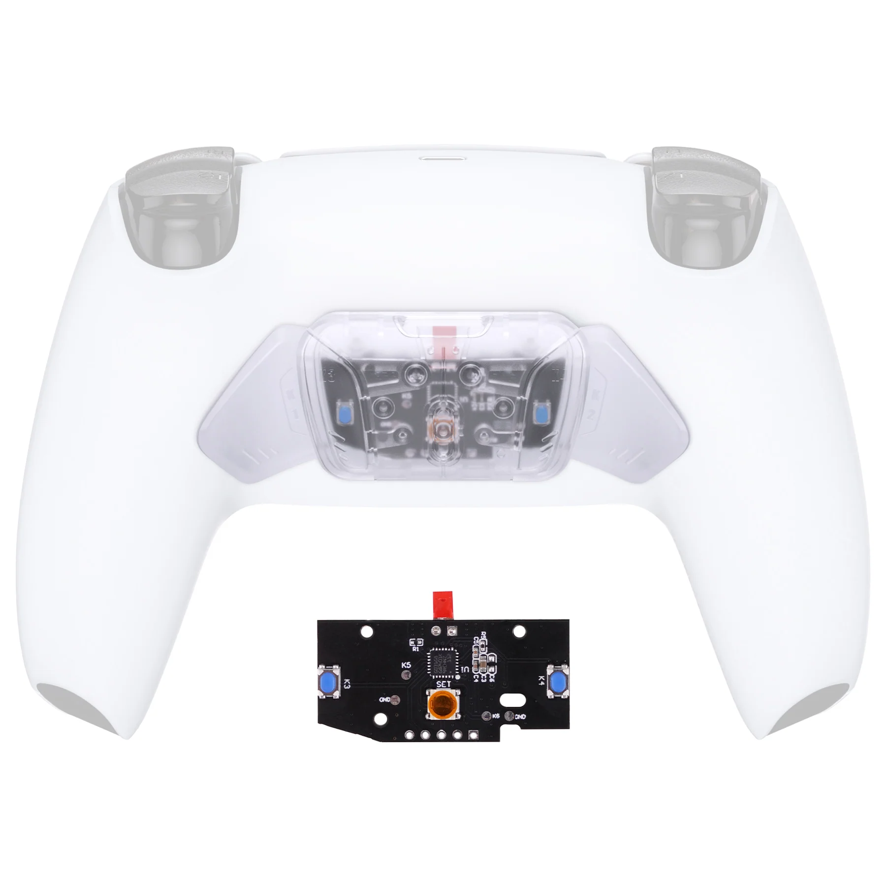 eXtremeRate Turn RISE to RISE4 Kit – Redesigned K1 K2 K3 K4 Back Buttons Housing & Remap PCB Board for eXtremeRate RISE & RISE4 Remap kit, Compatible with PS5 Controller - Transparent Clear